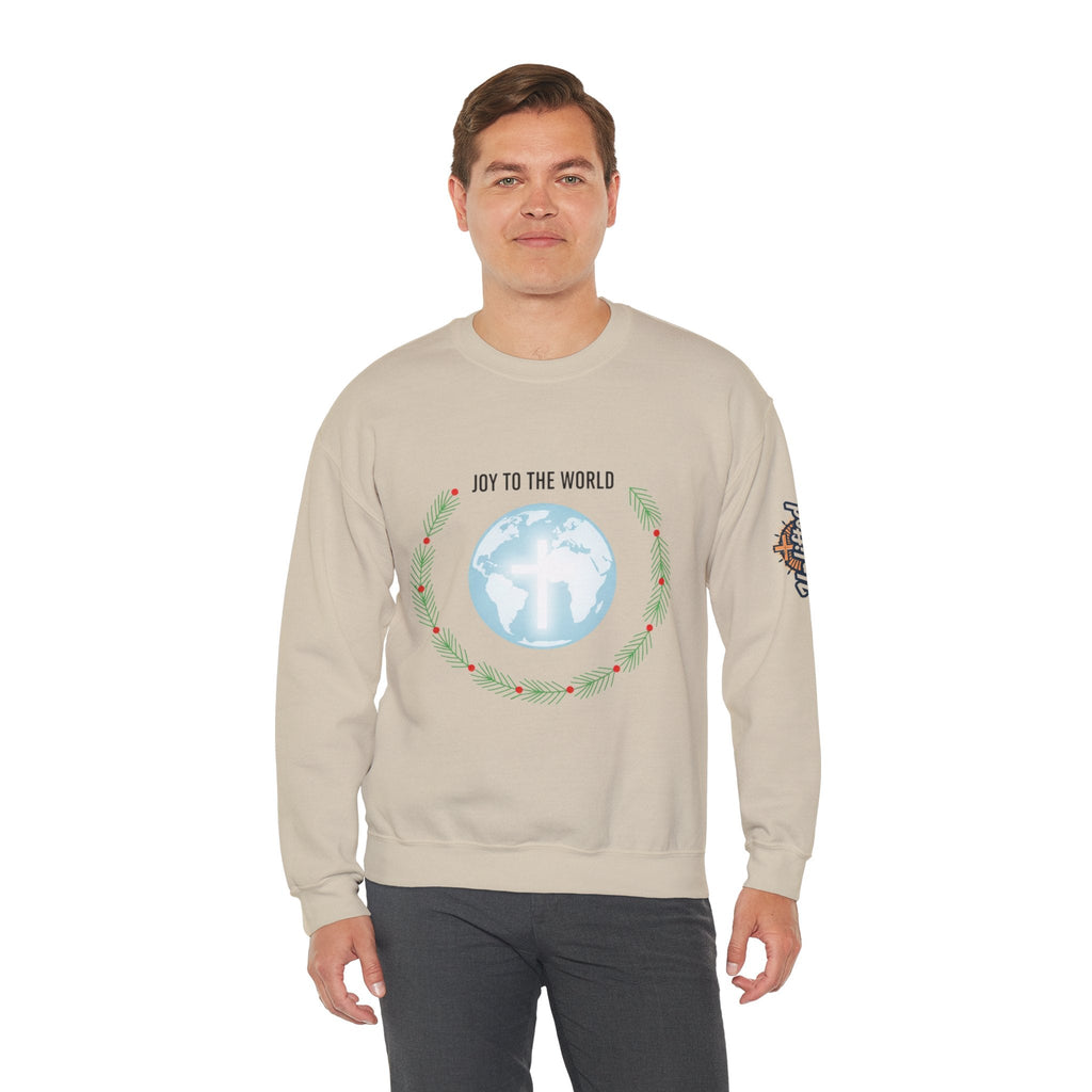 Joy to the World Sweatshirt – Wreath Earth Nativity Christian Christmas Sweatshirt for Isaiah 9:6 Holiday Faith & Festive Joy Printify