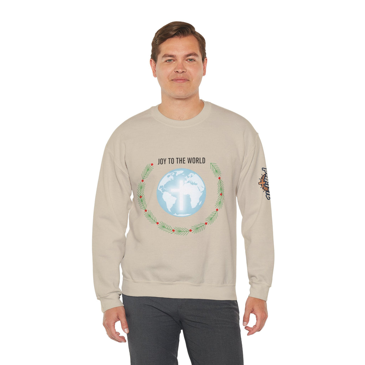 Joy to the World Sweatshirt – Wreath Earth Nativity Christian Christmas Sweatshirt for Isaiah 9:6 Holiday Faith & Festive Joy Printify