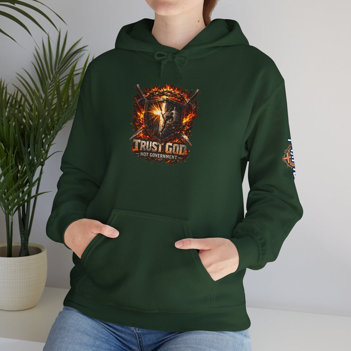 Trust God Not Government Shield Hoodie — Patriotic Christian Faith Hoodie Printify