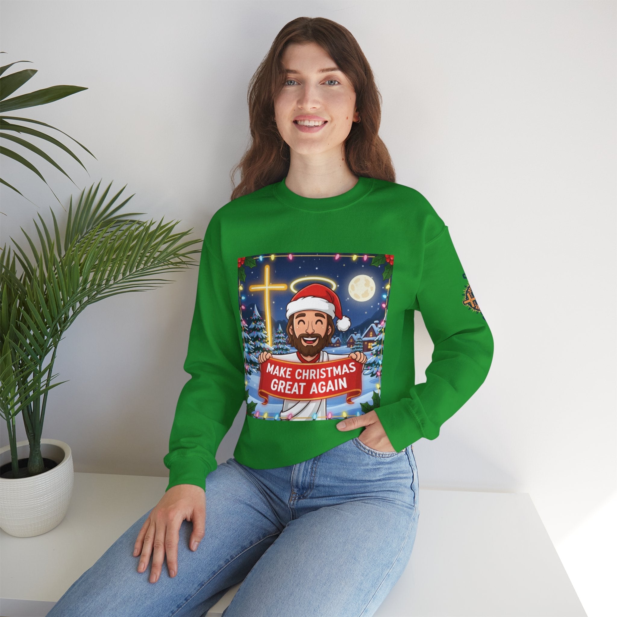 🎄 Make Christmas Great Again – Funny Christian Sweatshirt | Jesus Holding Banner | Faith-Based Holiday Parody Tee | Uplifted Gear Printify