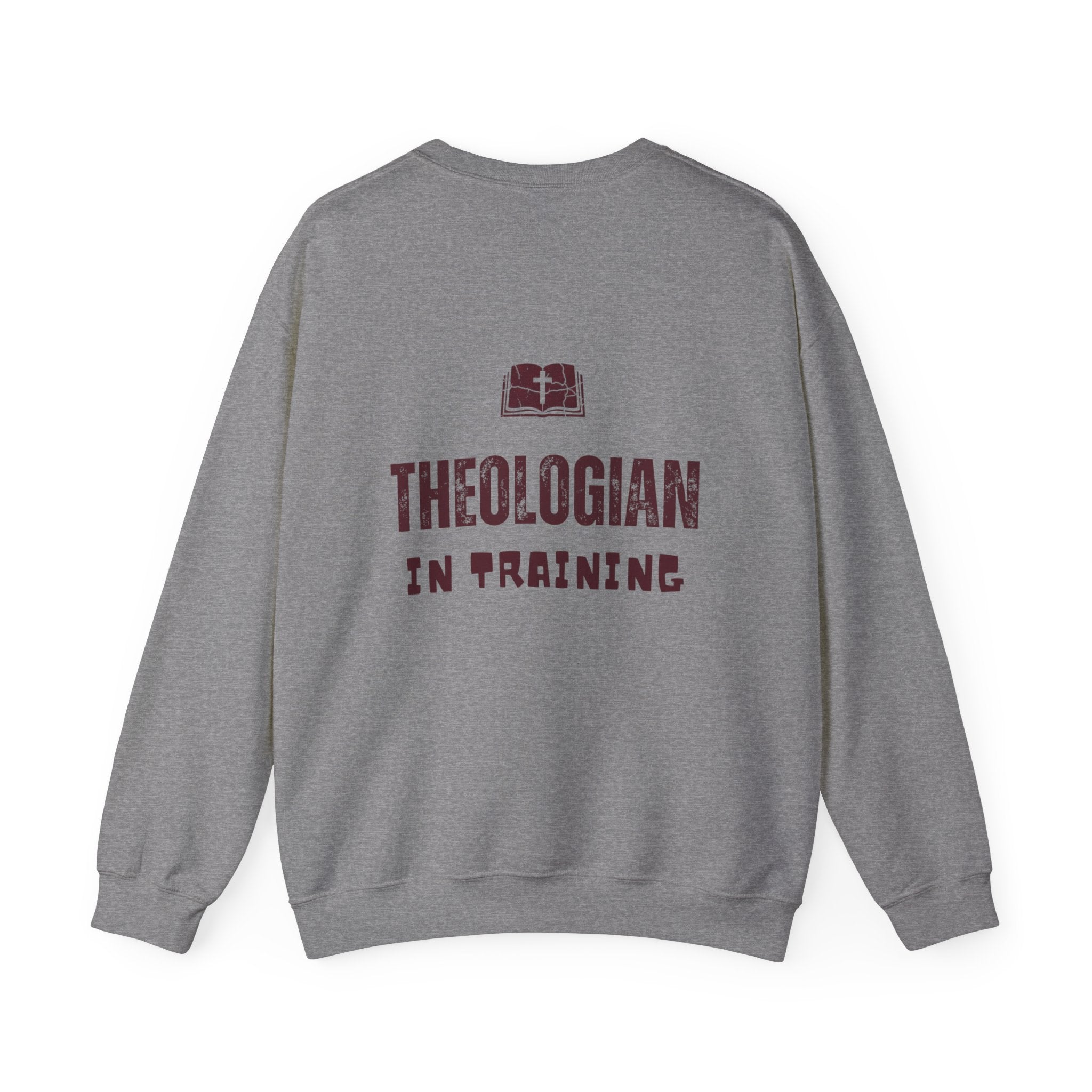 Theologian in Training Sweatshirt – Open Bible & Cross Christian Sweatshirt for Faithful Growth Printify