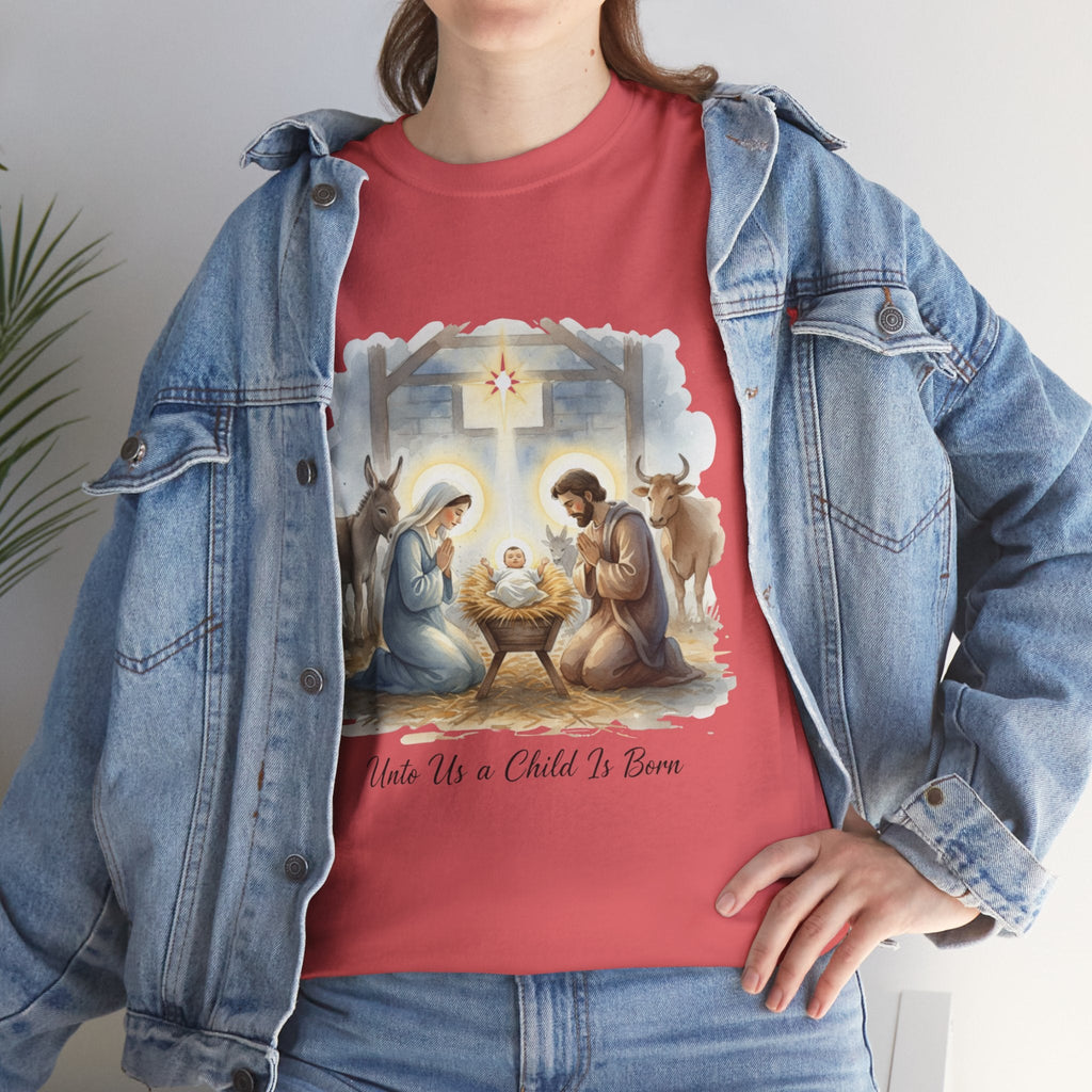 Unto Us a Child is Born T-shirt – Isaiah 9:6 Nativity Manger Scene Christian Christmas T-shirt for Holy Night Faith Printify