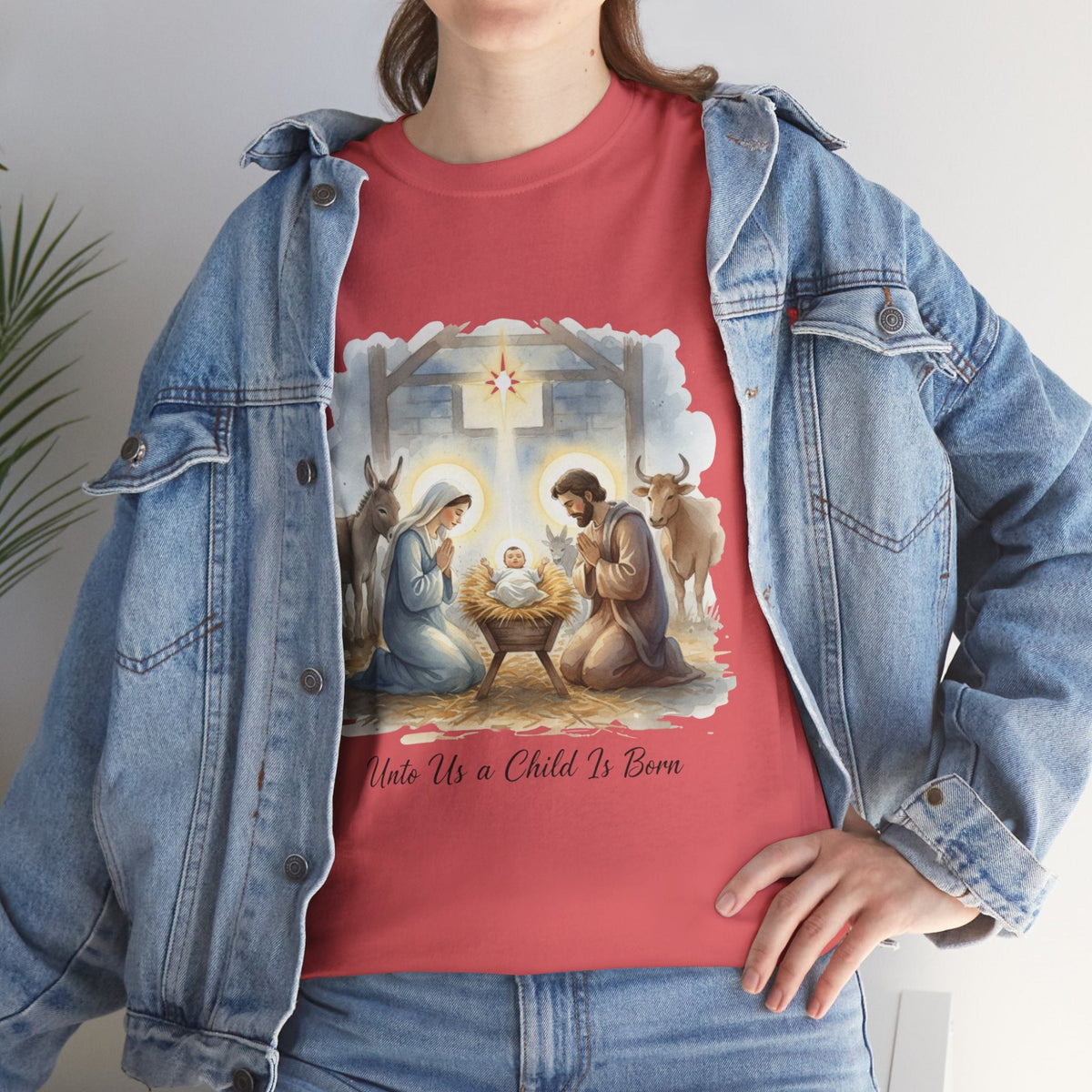 Unto Us a Child is Born T-shirt – Isaiah 9:6 Nativity Manger Scene Christian Christmas T-shirt for Holy Night Faith Printify
