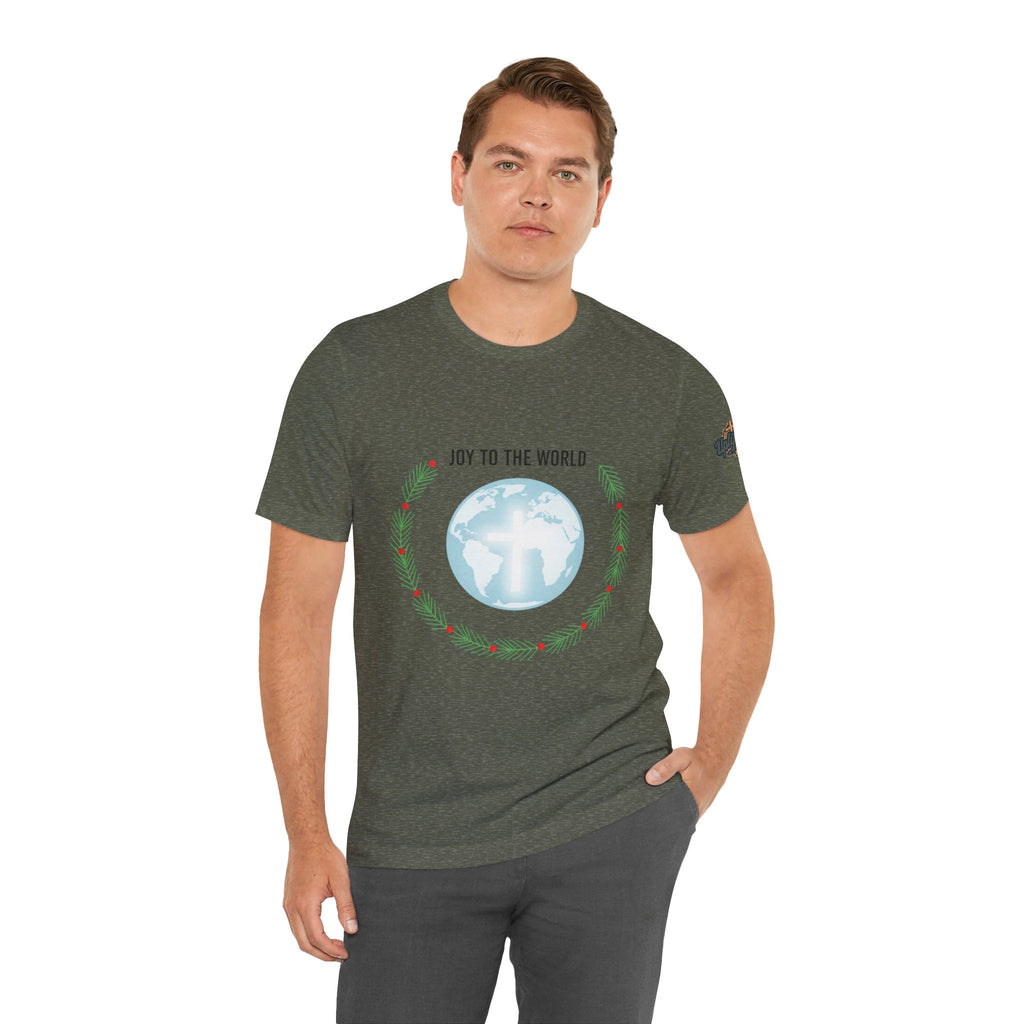 Joy to the World T-shirt – Wreath Earth Nativity Christian Christmas T-shirt for Isaiah 9:6 Holiday Faith & Festive Joy Printify