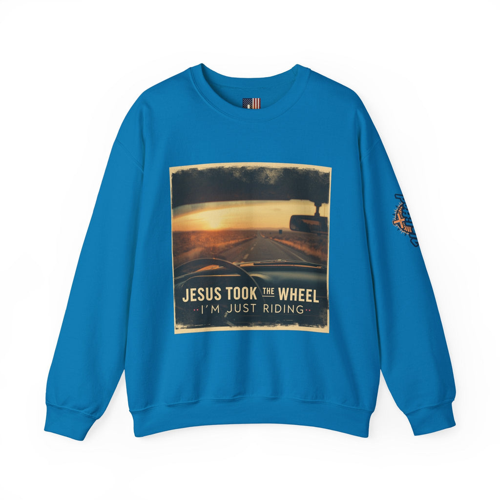 Jesus Took the Wheel I'm Just Riding Sweatshirt – Funny Christian Convertible Car Sweatshirt for Surrendered Faith & Humor Printify