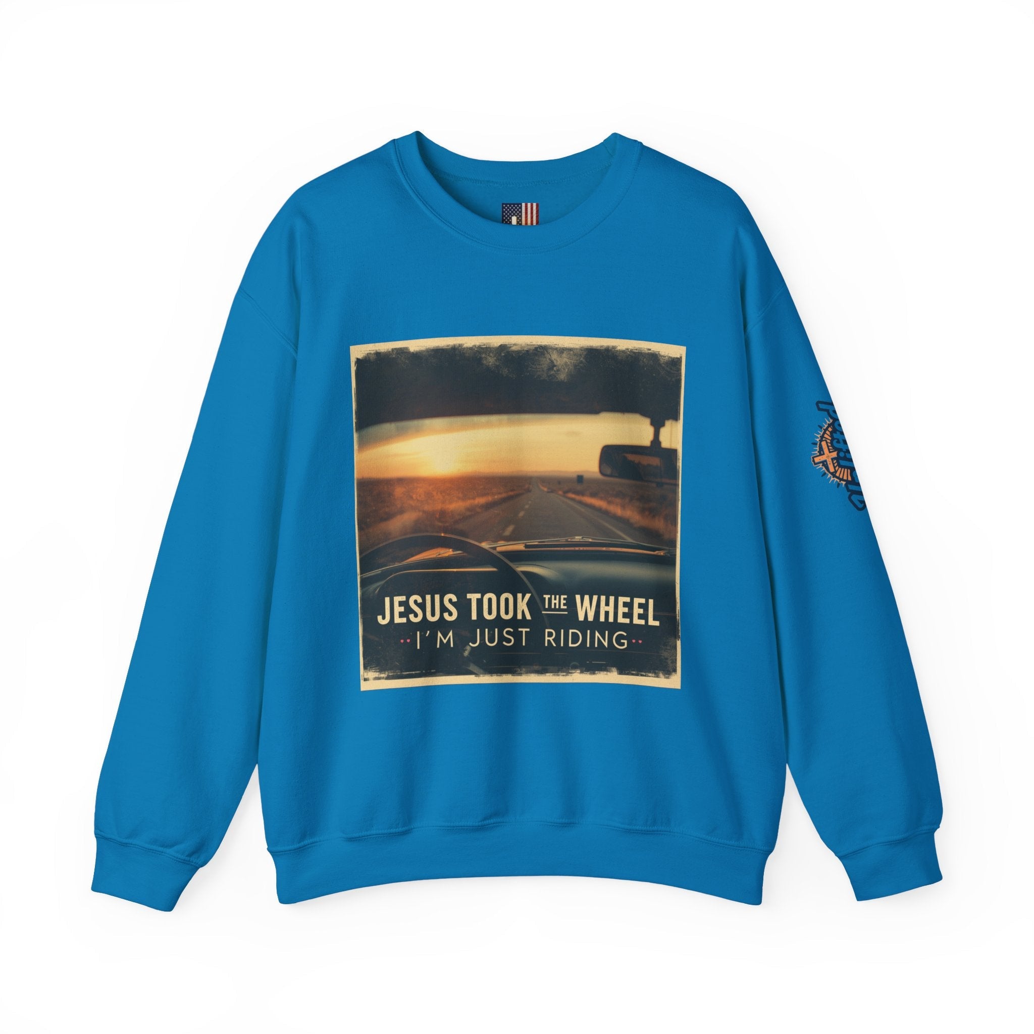 Jesus Took the Wheel I'm Just Riding Sweatshirt – Funny Christian Convertible Car Sweatshirt for Surrendered Faith & Humor Printify
