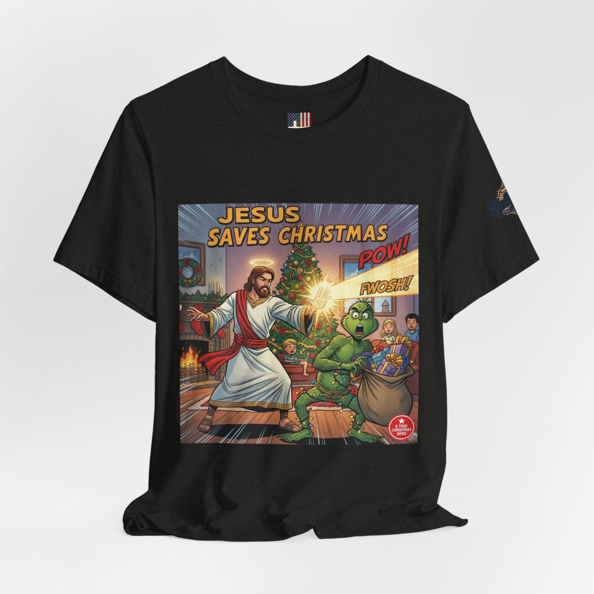 Jesus Saves Christmas T-shirt – Grinch vs Savior Light Battle Christian T-shirt for Hilarious Holiday Faith & True Joy Printify