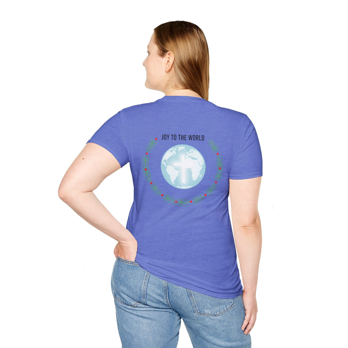 Joy to the World T-shirt – Wreath Earth Nativity Christian Christmas T-shirt for Isaiah 9:6 Holiday Faith & Festive Joy Printify