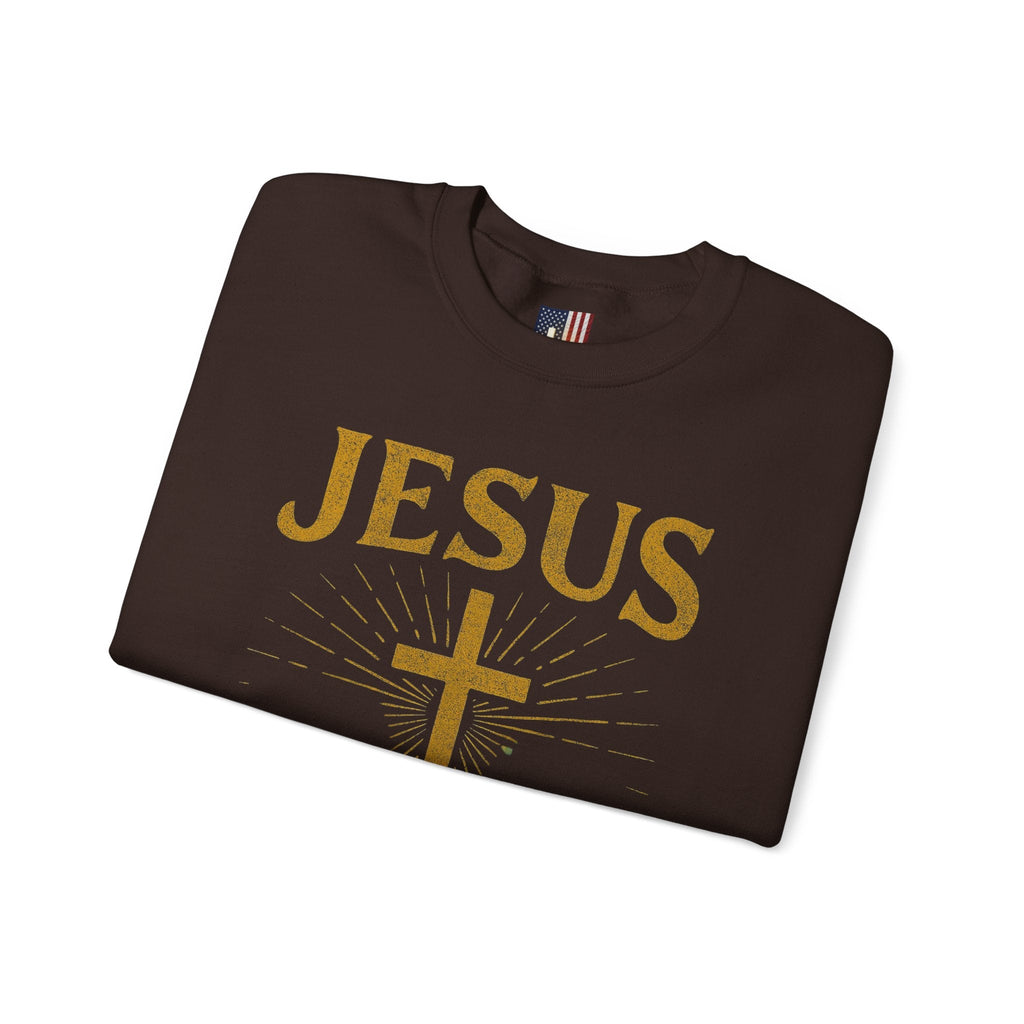Jesus Saves Sweatshirt – Radiant Cross & Rays of Light Christian Sweatshirt for Eternal Hope & Faith Printify