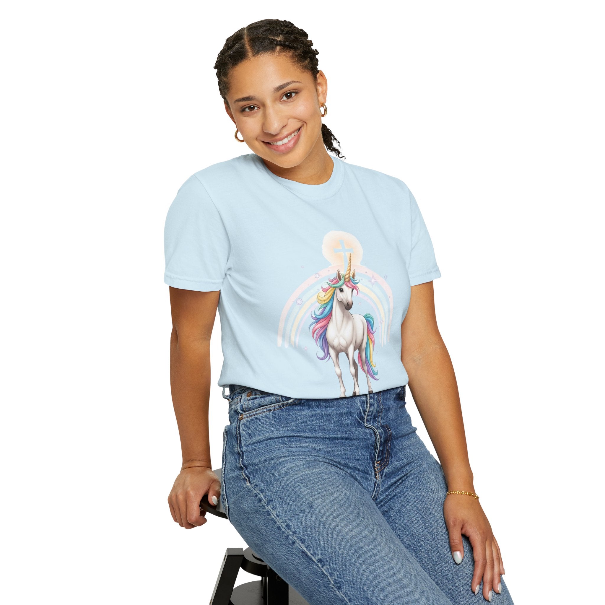 Unique Unicorn Christian T-Shirt – Wonderfully Made with Rainbow Cross & Psalm 139:14 Printify