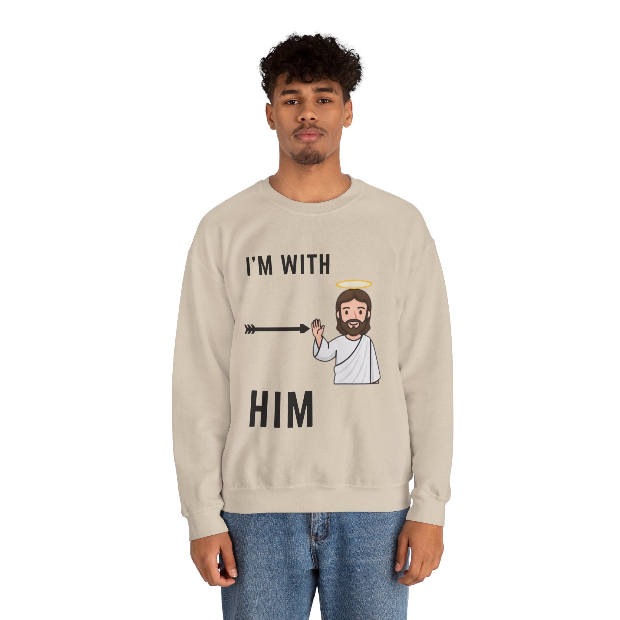 🔥 I’m With Him → Christian Sweatshirt | Arrow Pointing to Jesus | Minimalist Faith Tee | Subtle Cross Design | Bible-Inspired Apparel by Uplifted Gear Printify