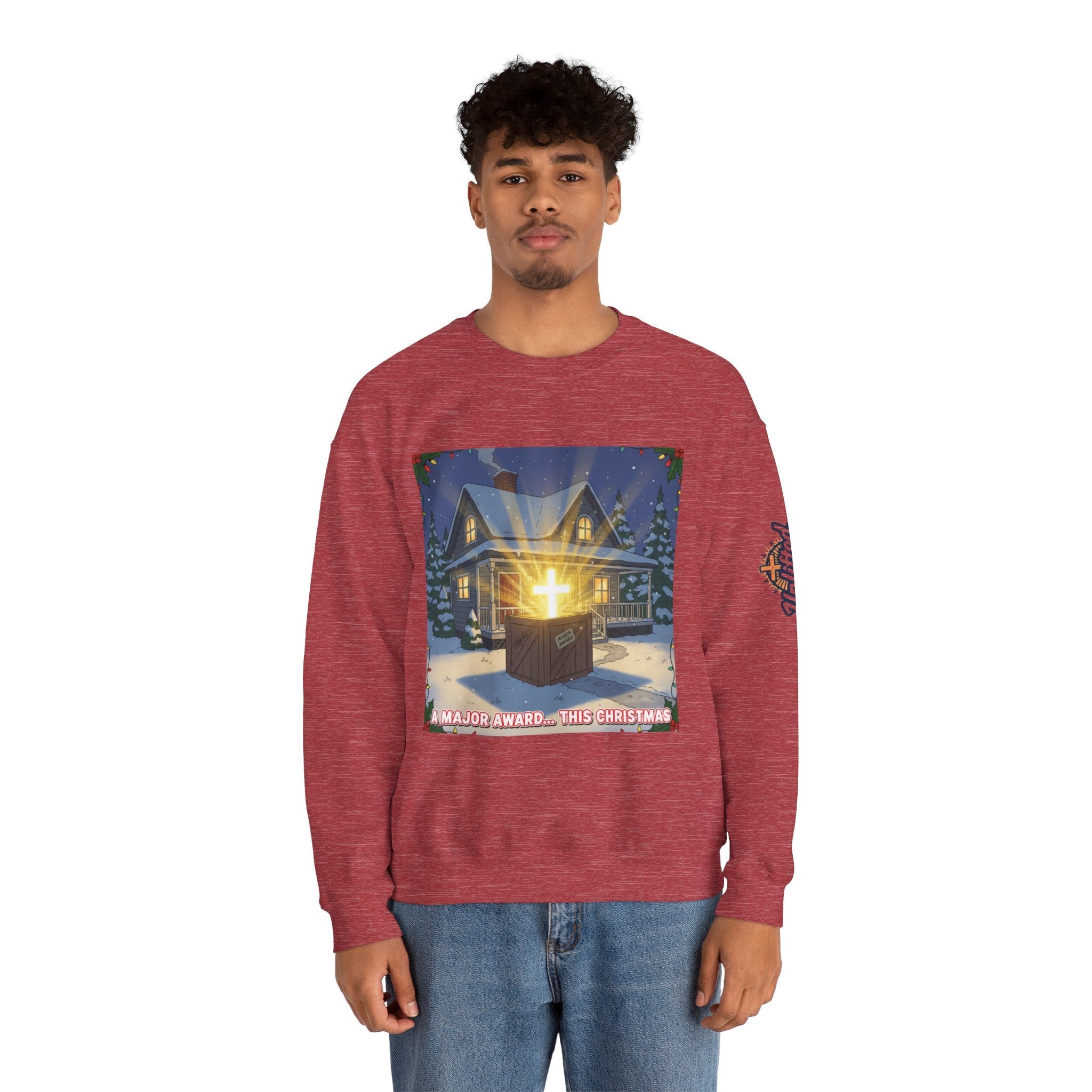 A Major Award This Christmas Sweatshirt – Fragile Leg Lamp Parody Cross Unboxing Christian Sweatshirt for Hilarious Faith & Holiday Glow Printify