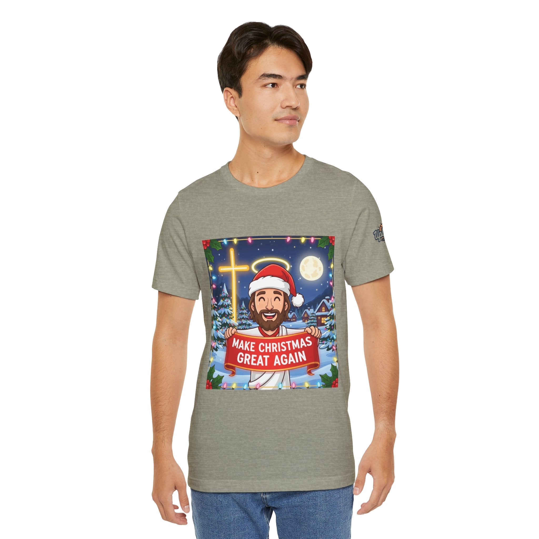 🎄 Make Christmas Great Again – Funny Christian T-Shirt | Jesus Holding Banner | Faith-Based Holiday Parody Tee | Uplifted Gear Printify