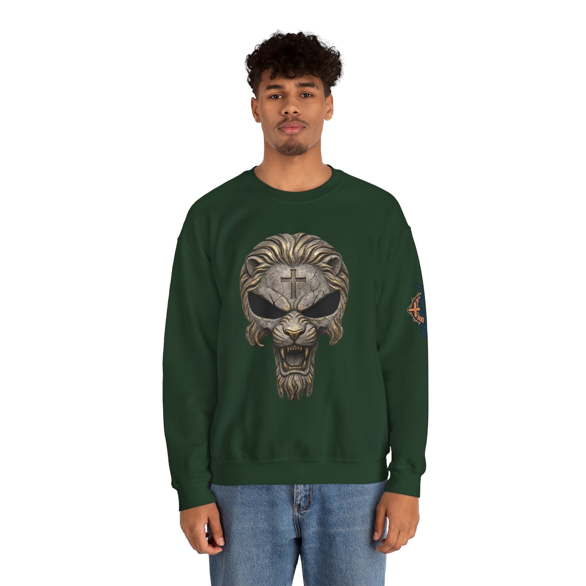 Lion of Judah Skull Christian Sweatshirt - Warrior Faith Cross Sweatshirt Printify