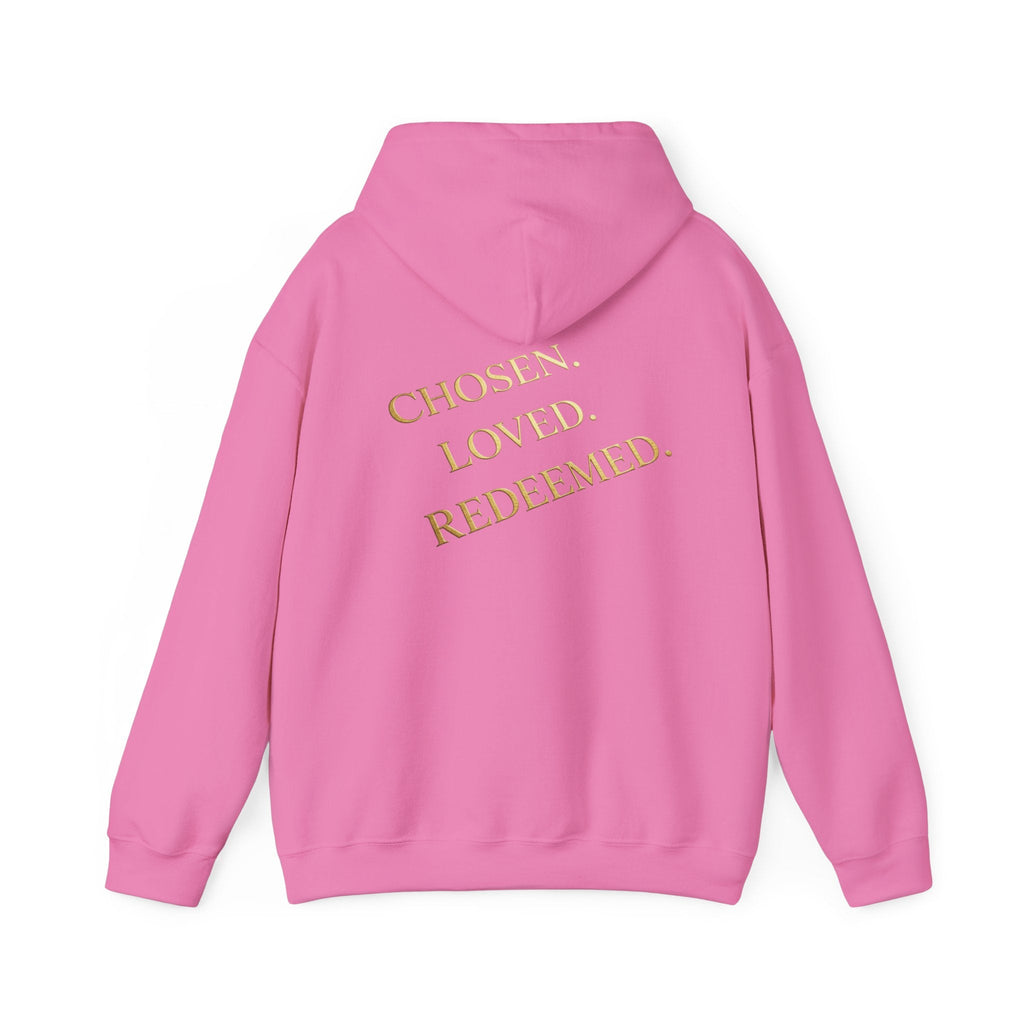 ✨ Chosen. Loved. Redeemed. – Elegant Christian Hoodie | Gold Foil Faith Tee | Subtle Cross & Heart Design | Inspirational Bible Verse Apparel by Uplifted Gear Printify