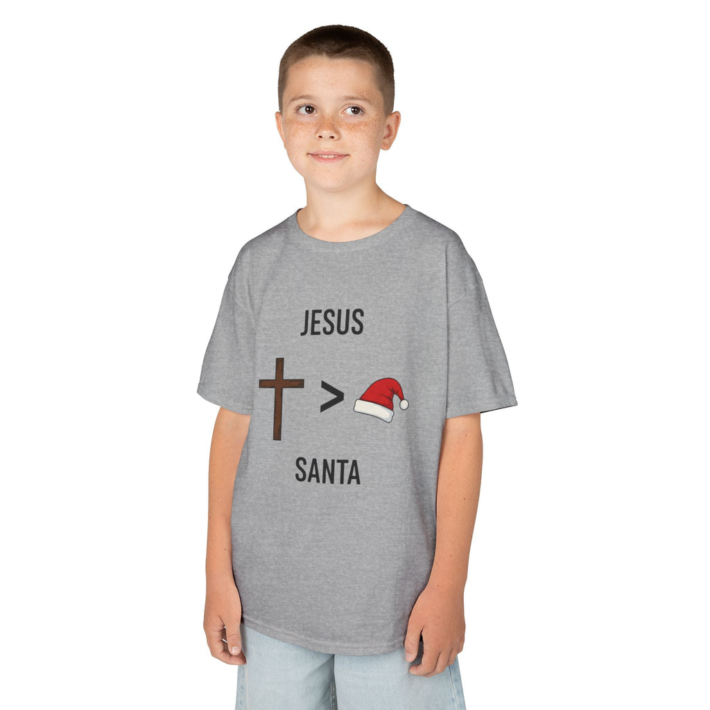 🎄 Jesus > Santa – Minimalist Christian Christmas Kids T-Shirt | Bold Faith Over Holiday Tee | Cross vs Santa Hat Design | Uplifted Gear Printify