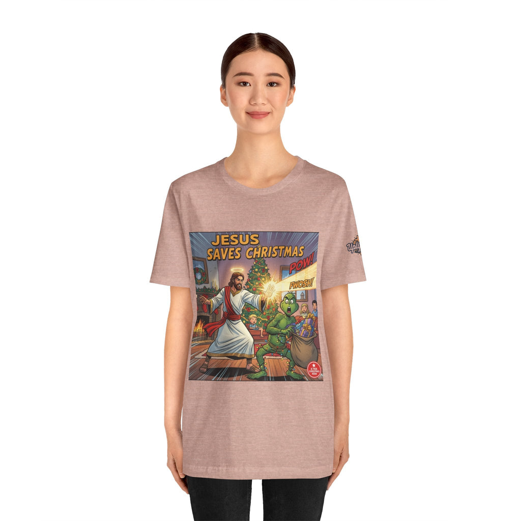 Jesus Saves Christmas T-shirt – Grinch vs Savior Light Battle Christian T-shirt for Hilarious Holiday Faith & True Joy Printify
