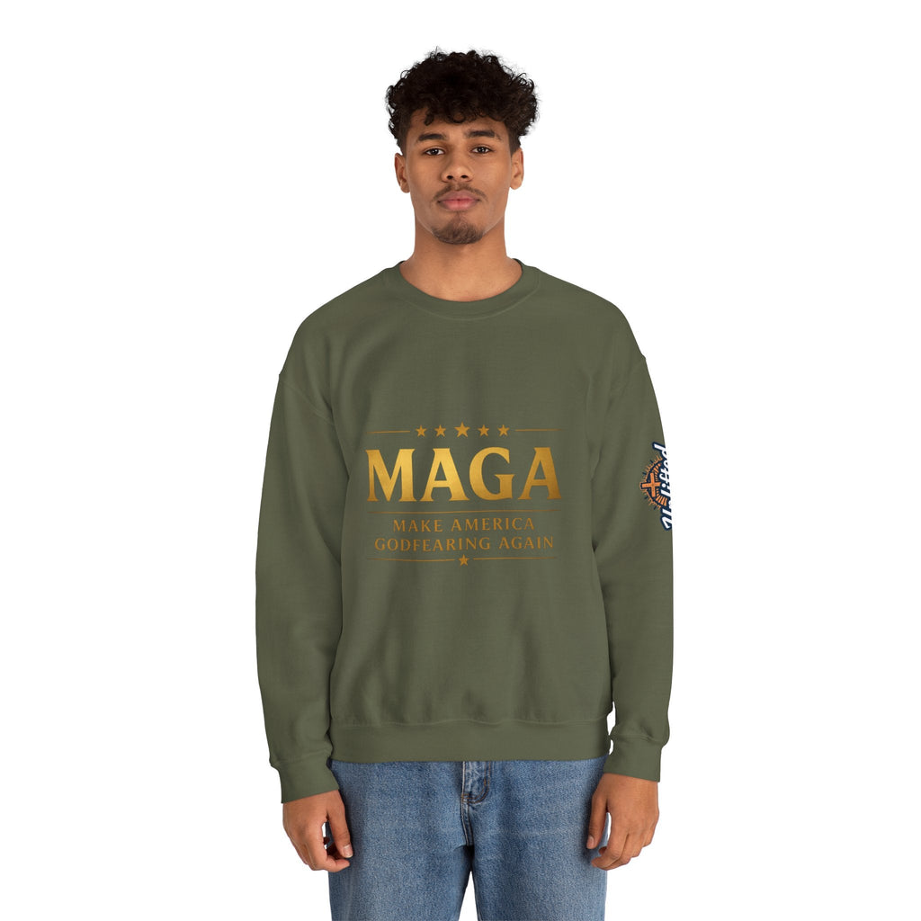 Sweatshirt — "MAGA Make America Godfearing Again" Gold Logo Crewneck Printify