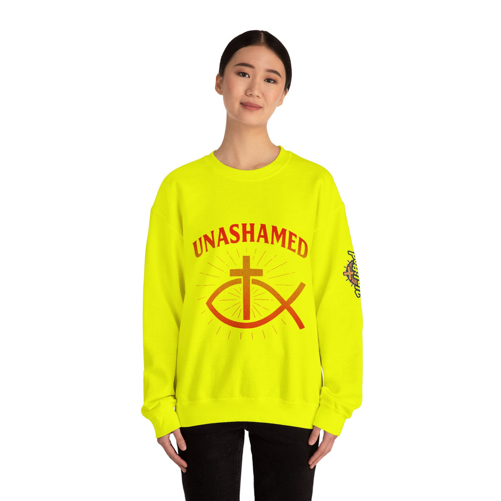 Unashamed Sweatshirt – Ichthys Jesus Fish & Cross Christian Sweatshirt for Romans 1:16 Bold Faith Printify