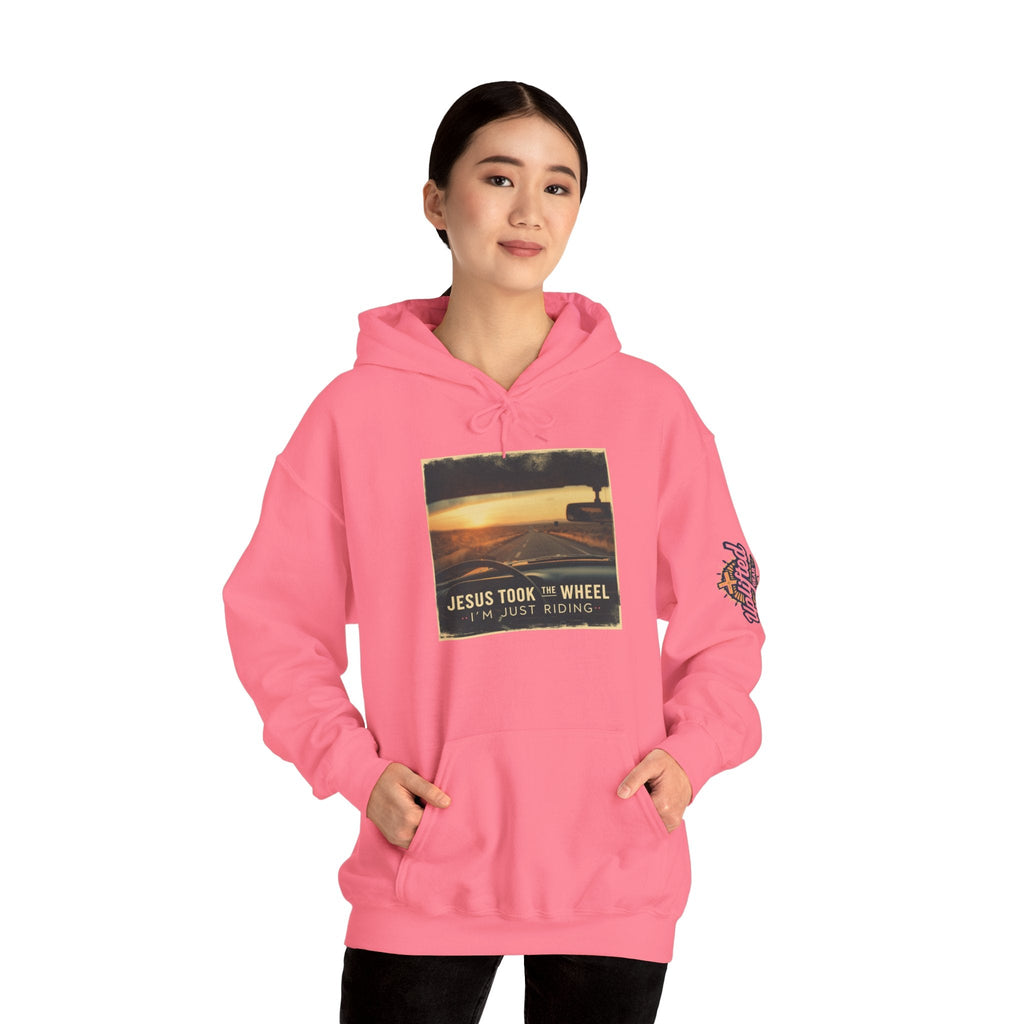 Jesus Took the Wheel I'm Just Riding Hoodie – Funny Christian Convertible Car Sweatshirt for Surrendered Faith & Humor Printify