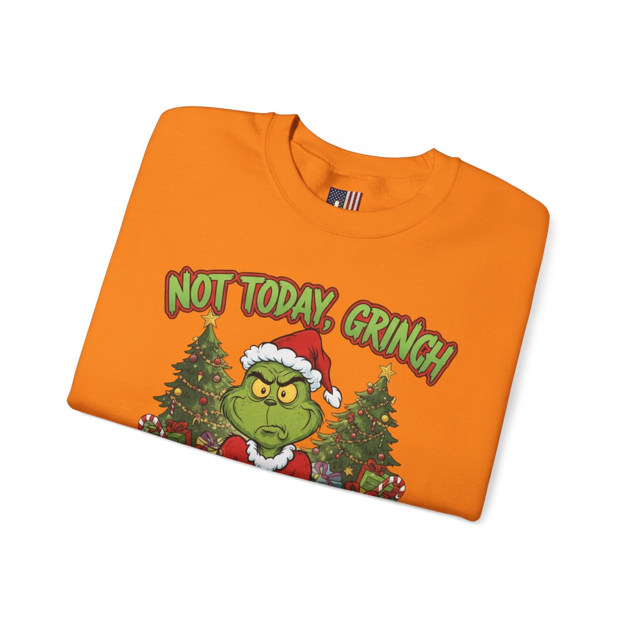 🎄 Not Today, Grinch – Jesus Saves | Funny Christian Christmas Sweatshirt | Sulking Grinch & Glowing Cross | Bold Neon Faith Tee by Uplifted Gear Printify