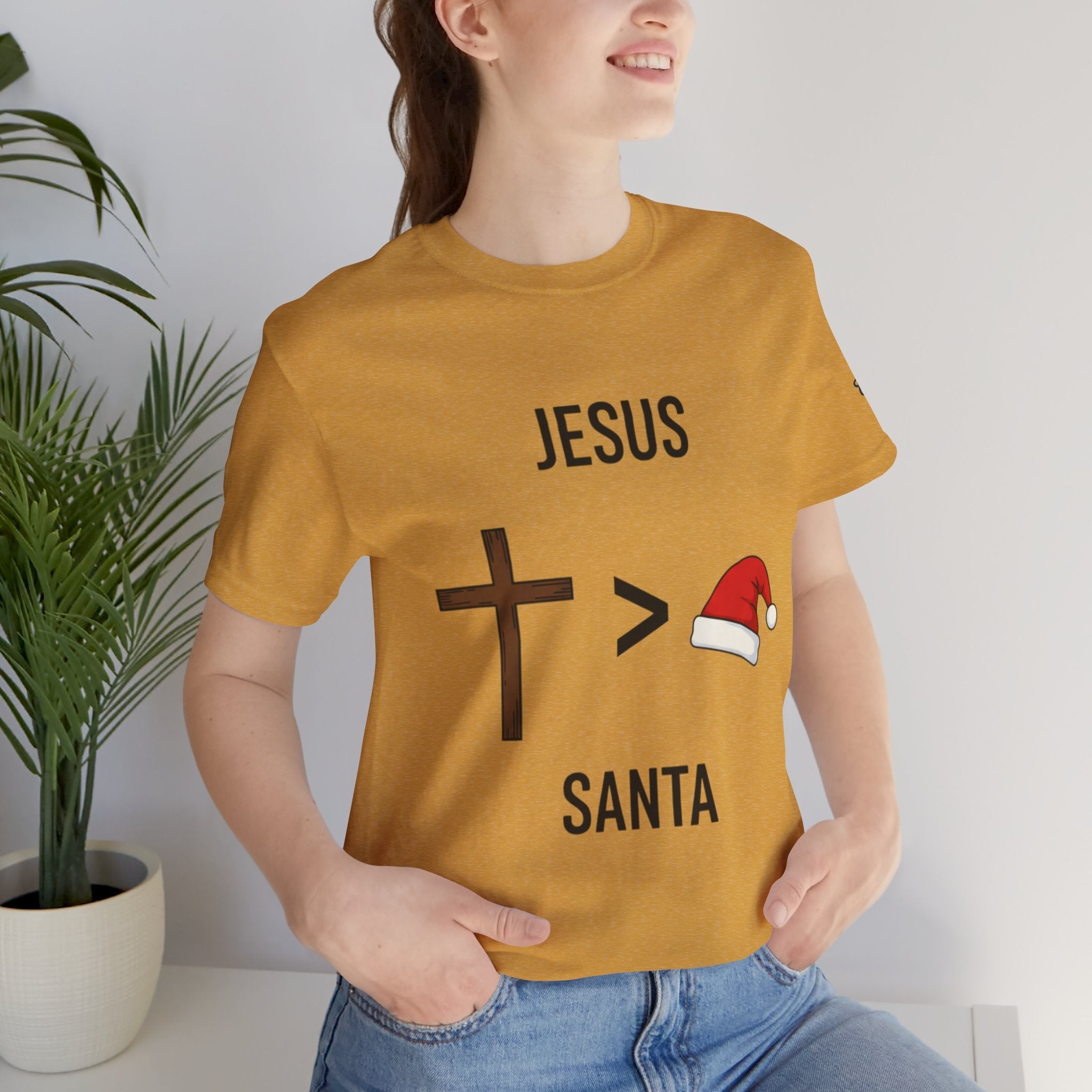 🎄 Jesus > Santa – Minimalist Christian Christmas T-Shirt | Bold Faith Over Holiday Tee | Cross vs Santa Hat Design | Uplifted Gear Printify