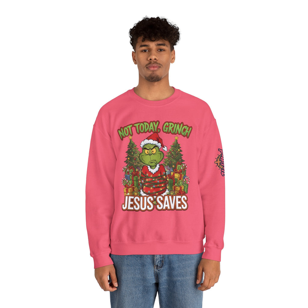 🎄 Not Today, Grinch – Jesus Saves | Funny Christian Christmas Sweatshirt | Sulking Grinch & Glowing Cross | Bold Neon Faith Tee by Uplifted Gear Printify