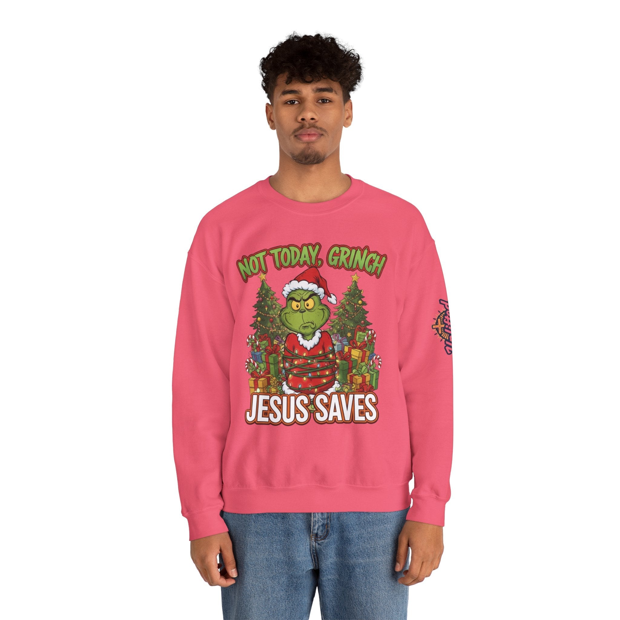 🎄 Not Today, Grinch – Jesus Saves | Funny Christian Christmas Sweatshirt | Sulking Grinch & Glowing Cross | Bold Neon Faith Tee by Uplifted Gear Printify