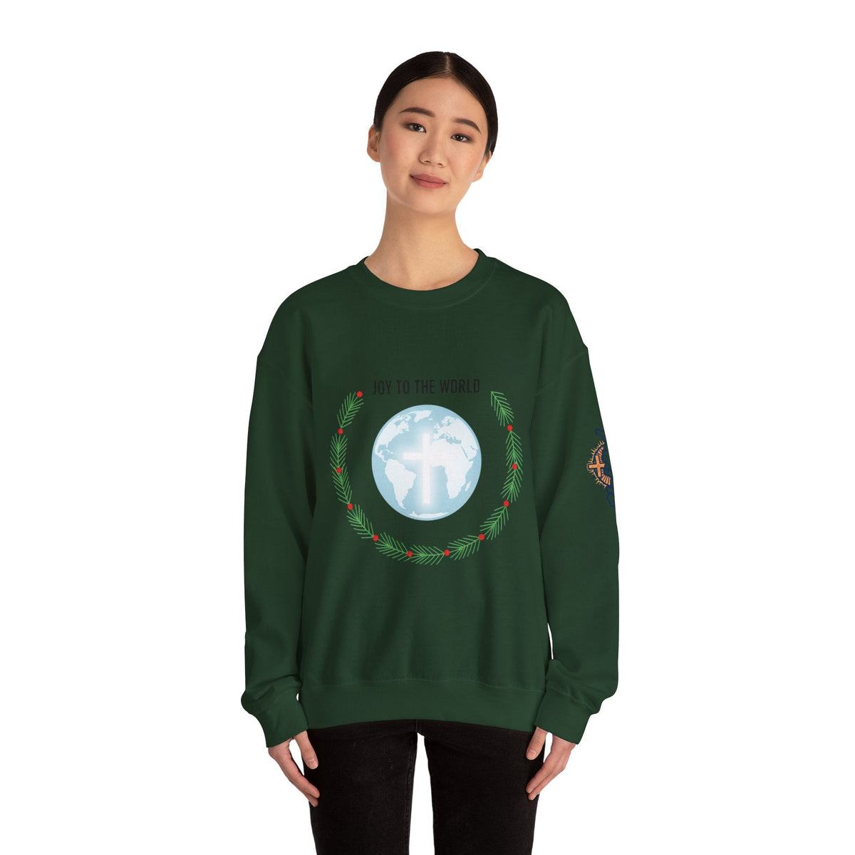 Joy to the World Sweatshirt – Wreath Earth Nativity Christian Christmas Sweatshirt for Isaiah 9:6 Holiday Faith & Festive Joy Printify