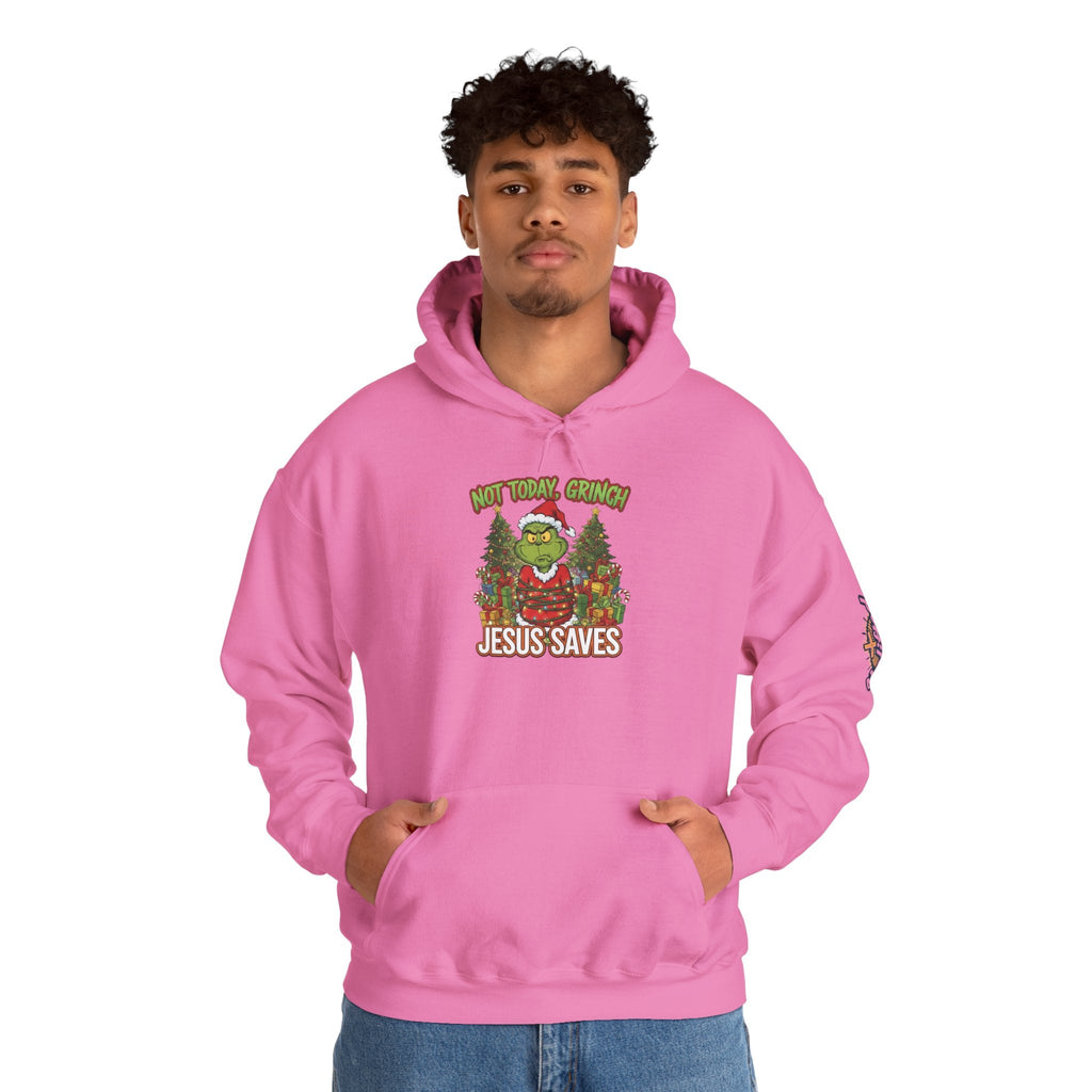 🎄 Not Today, Grinch – Jesus Saves | Funny Christian Christmas Hoodie | Sulking Grinch & Glowing Cross | Bold Neon Faith Tee by Uplifted Gear Printify