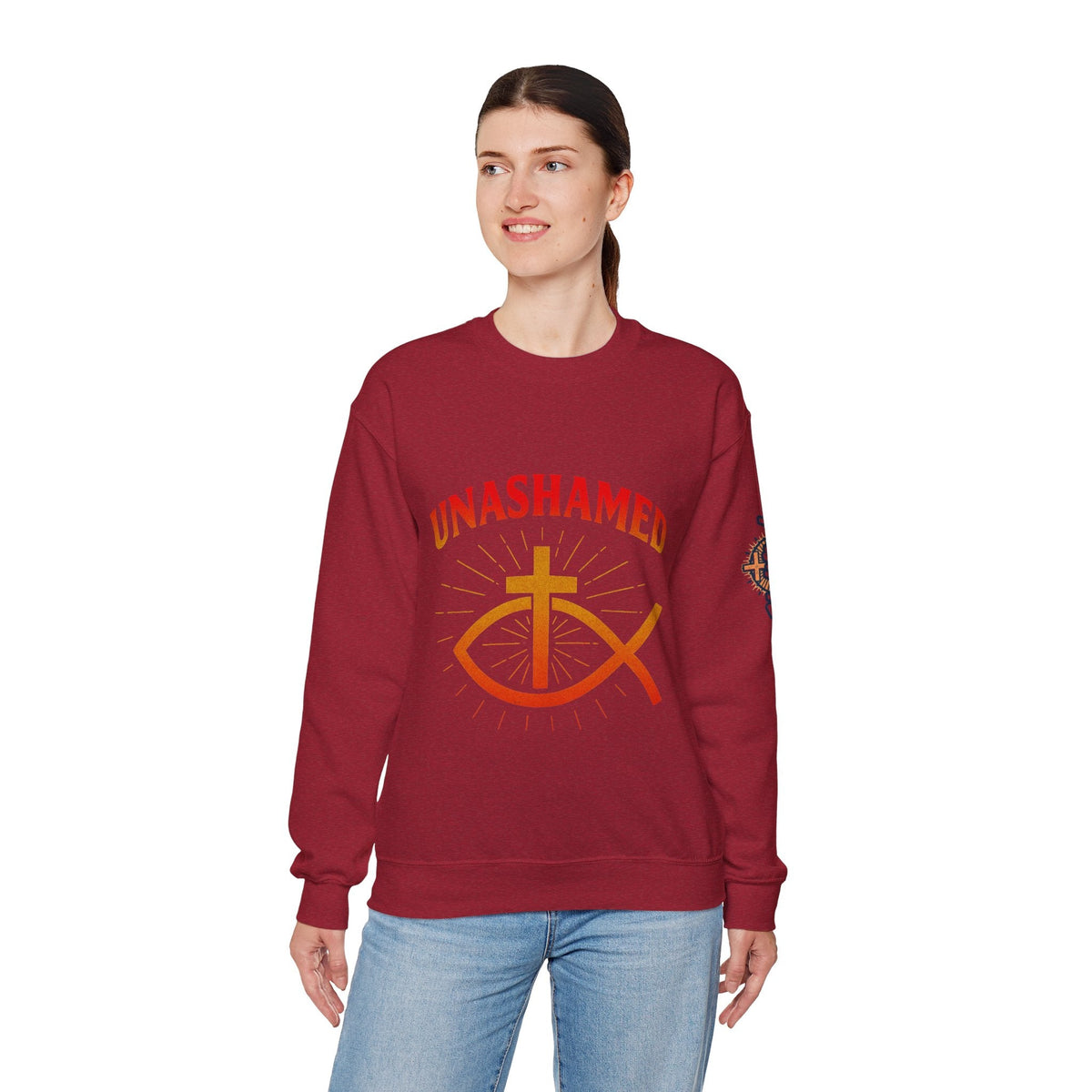 Unashamed Sweatshirt – Ichthys Jesus Fish & Cross Christian Sweatshirt for Romans 1:16 Bold Faith Printify