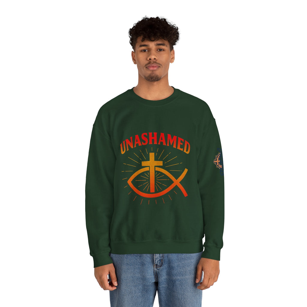 Unashamed Sweatshirt – Ichthys Jesus Fish & Cross Christian Sweatshirt for Romans 1:16 Bold Faith Printify