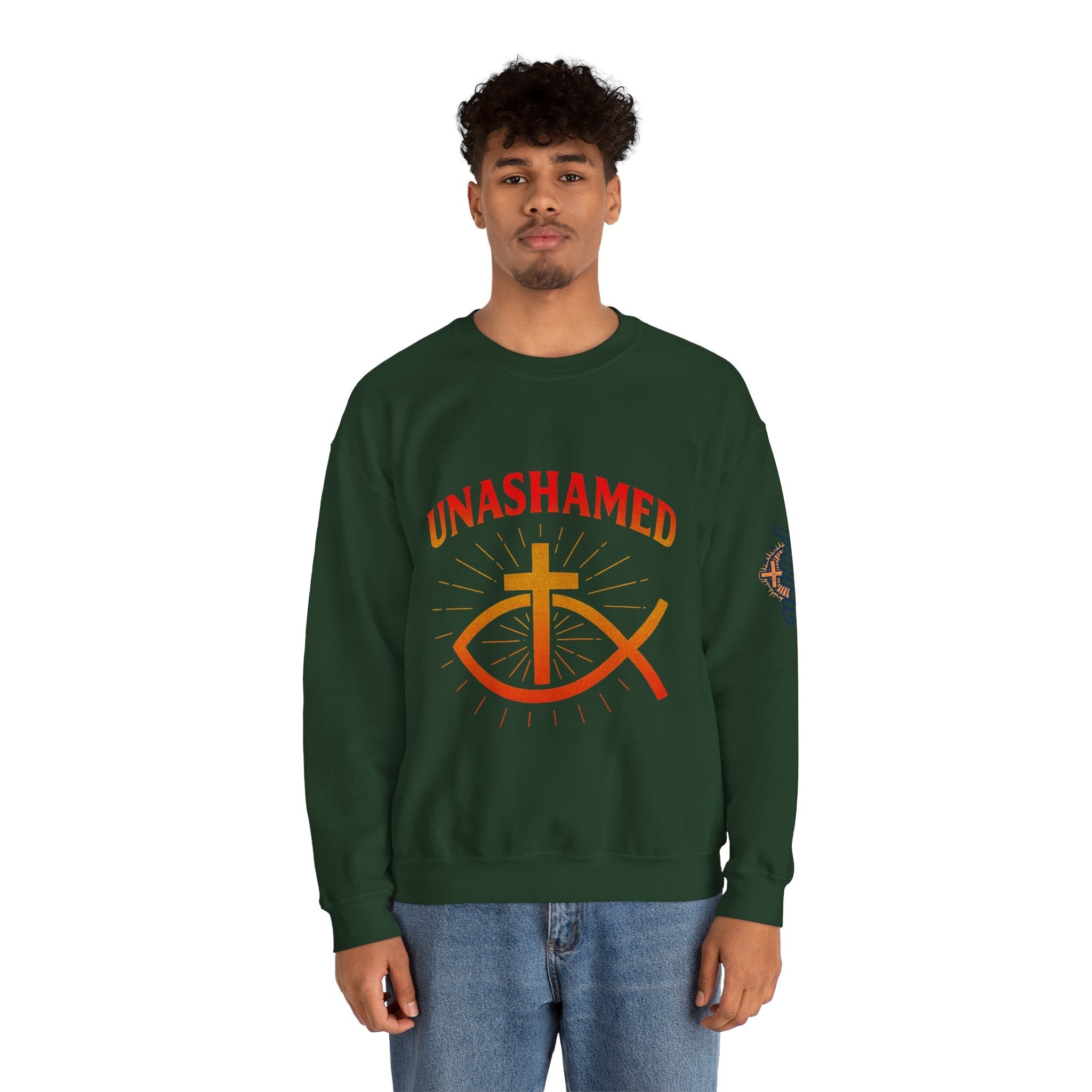 Unashamed Sweatshirt – Ichthys Jesus Fish & Cross Christian Sweatshirt for Romans 1:16 Bold Faith Printify