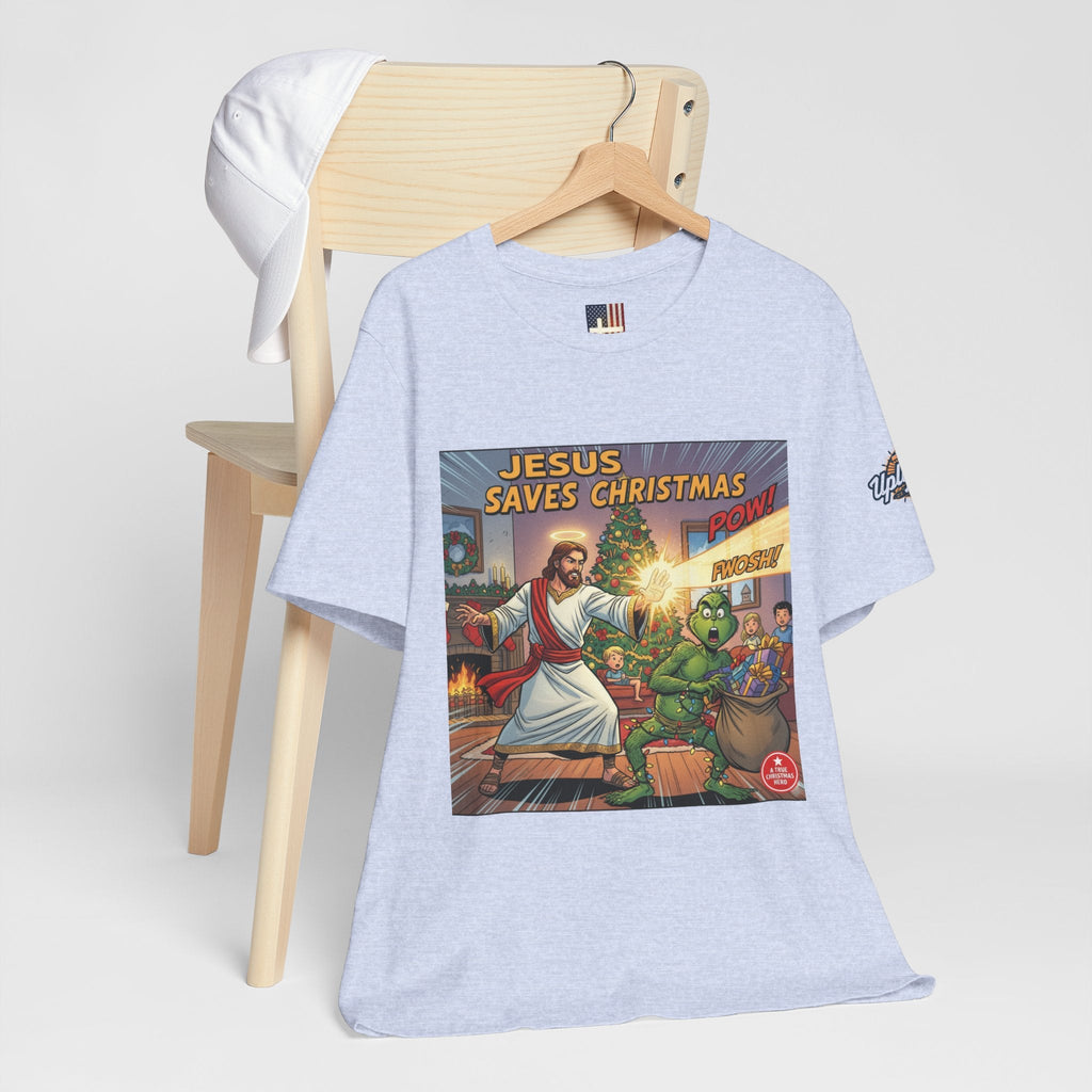 Jesus Saves Christmas T-shirt – Grinch vs Savior Light Battle Christian T-shirt for Hilarious Holiday Faith & True Joy Printify