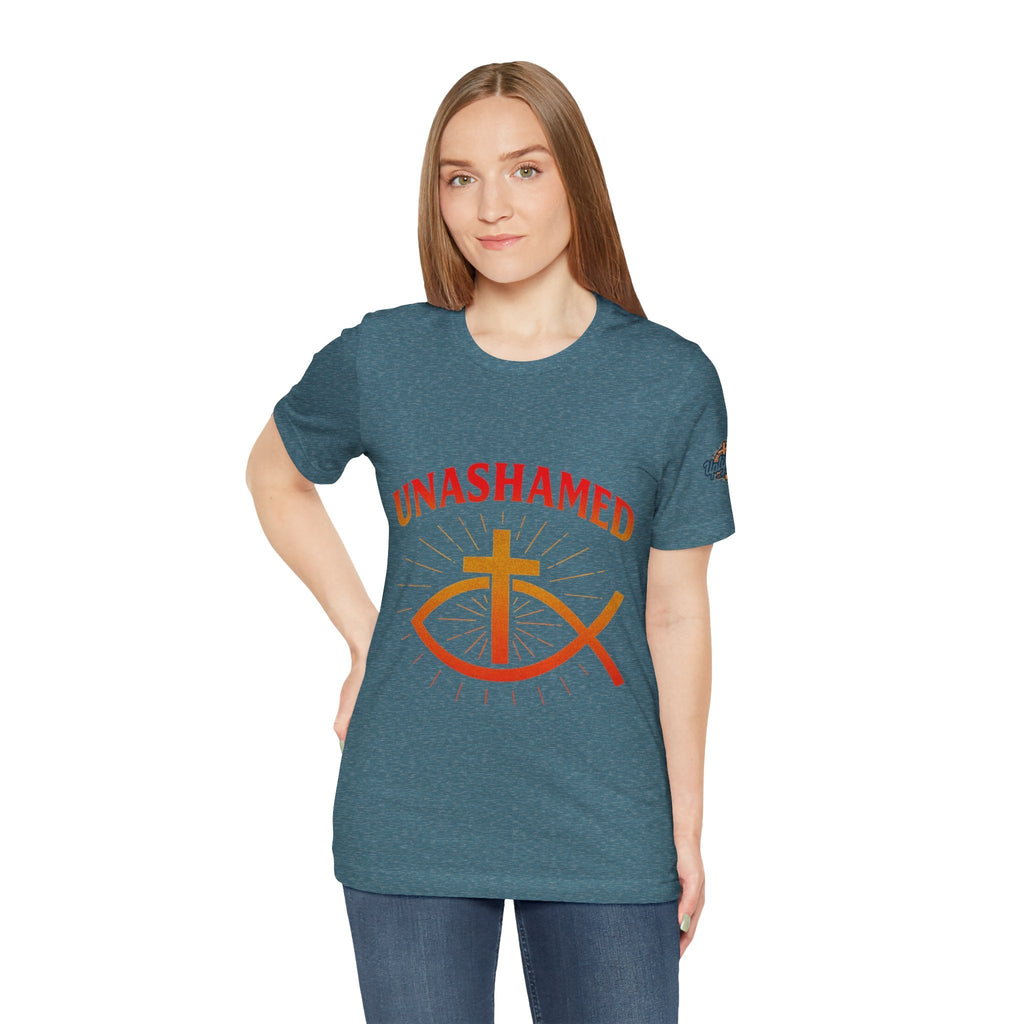 Unashamed T-shirt – Ichthys Jesus Fish & Cross Christian T-shirt for Romans 1:16 Bold Faith Printify