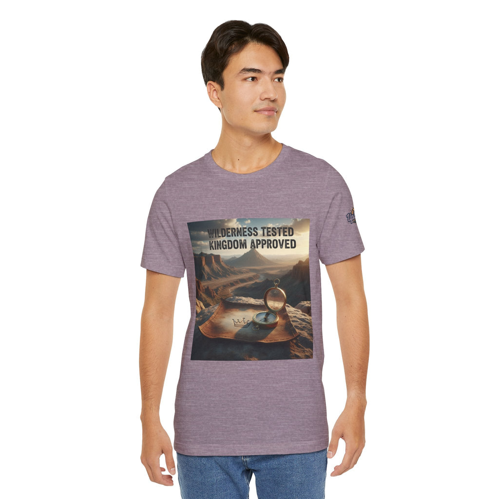 Wilderness Tested Kingdom Approved T-shirt – Mountain Desert Compass Crown Christian T-shirt for Biblical Adventure Faith Printify