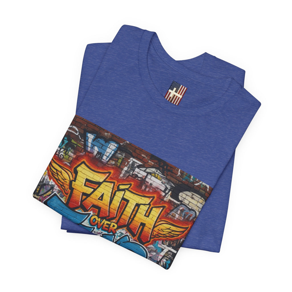 Faith Over Fear T-shirt – Graffiti Wall Christian T-shirt for Bold 2 Corinthians 5:7 Streetwear & Unshakable Faith Printify