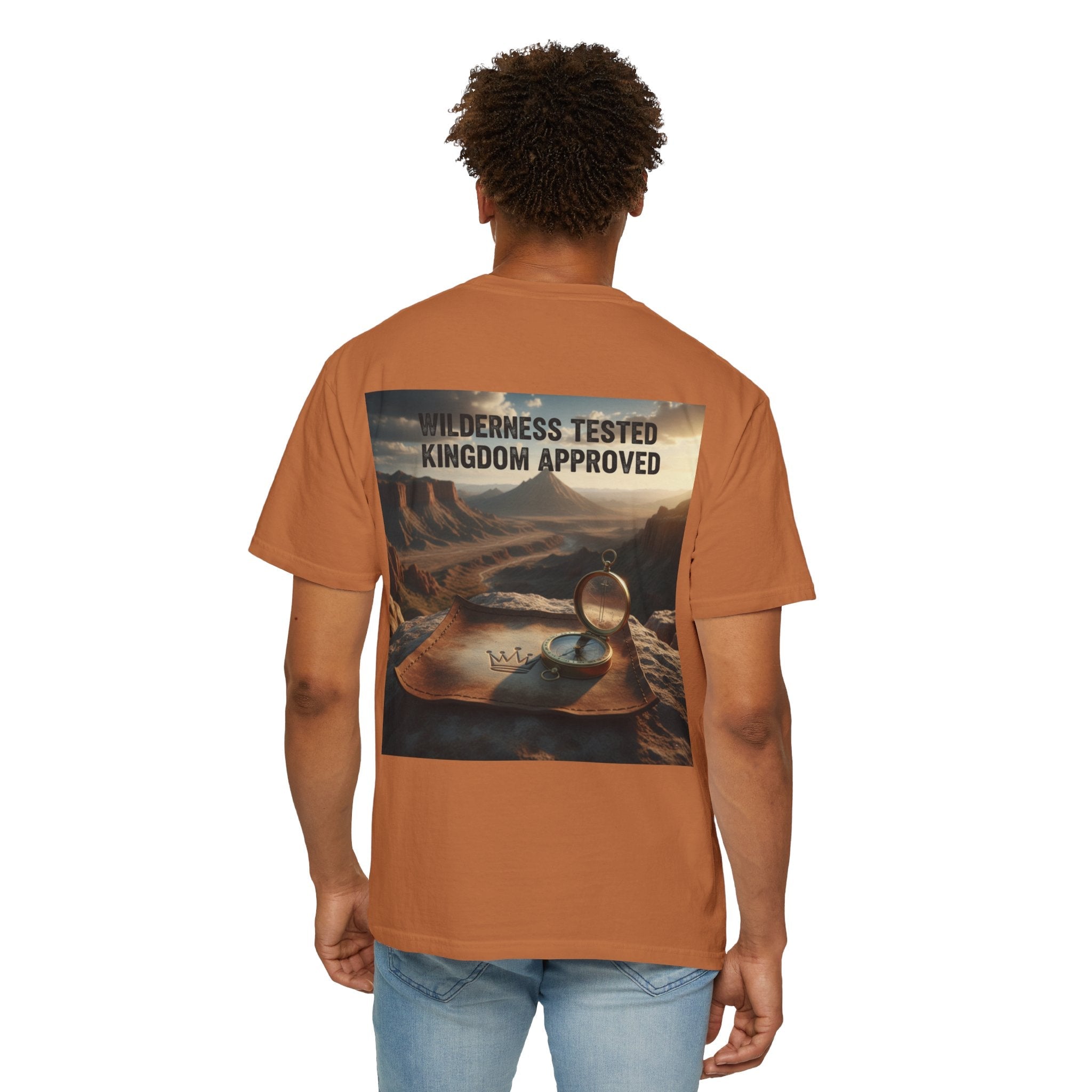 Wilderness Tested Kingdom Approved T-shirt – Mountain Desert Compass Crown Christian T-shirt for Biblical Adventure Faith Printify