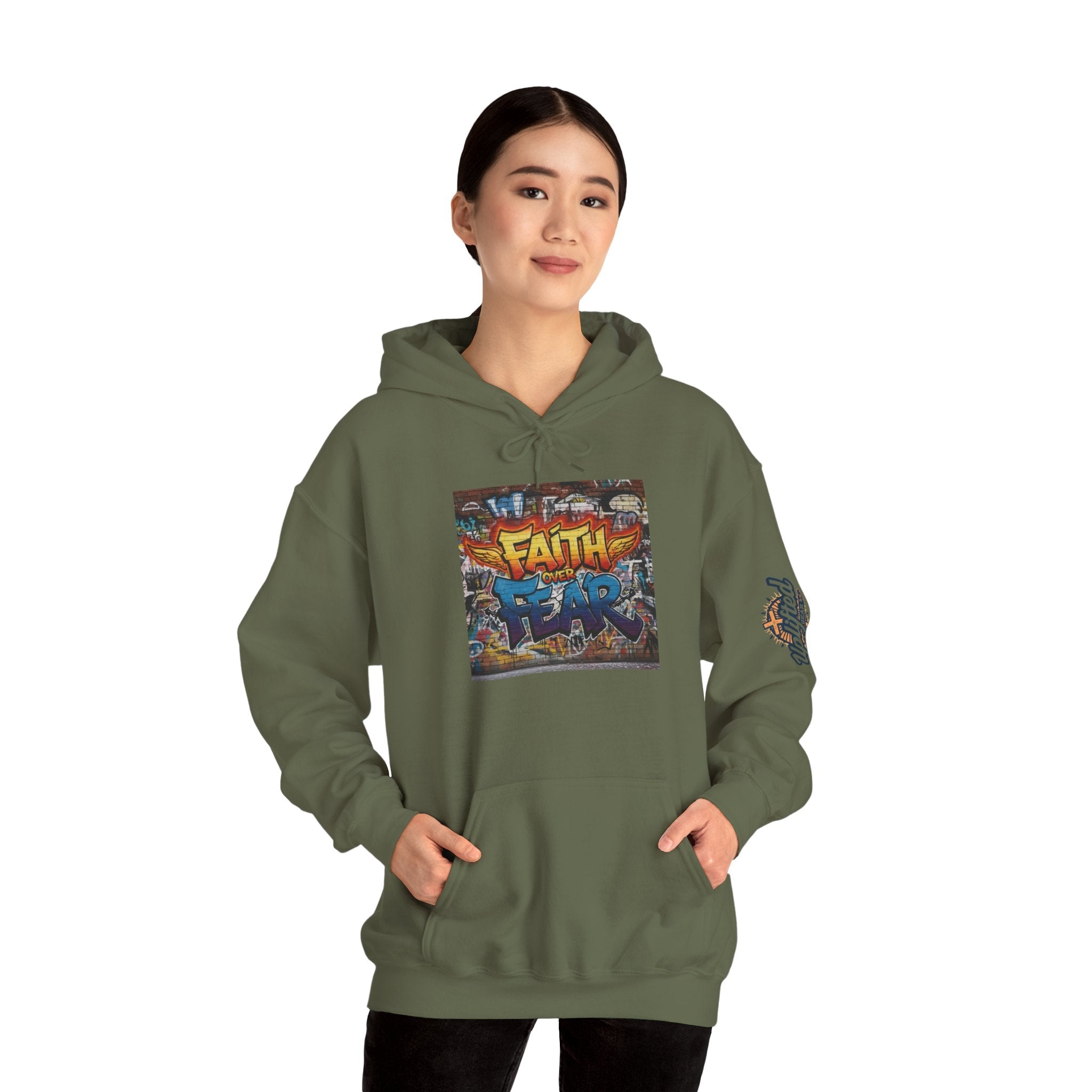 Faith Over Fear Hoodie – Graffiti Wall Christian Sweatshirt for Bold 2 Corinthians 5:7 Streetwear & Unshakable Faith Printify