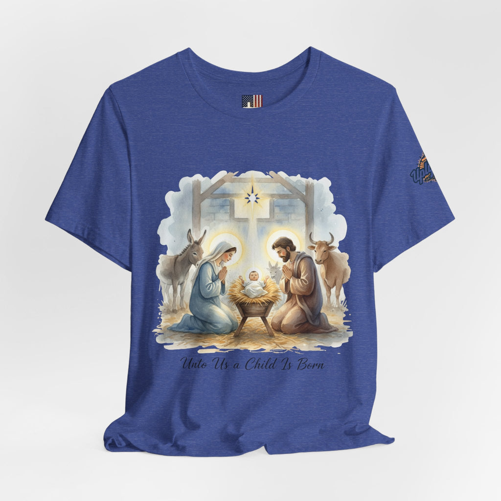Unto Us a Child is Born T-shirt – Isaiah 9:6 Nativity Manger Scene Christian Christmas T-shirt for Holy Night Faith Printify