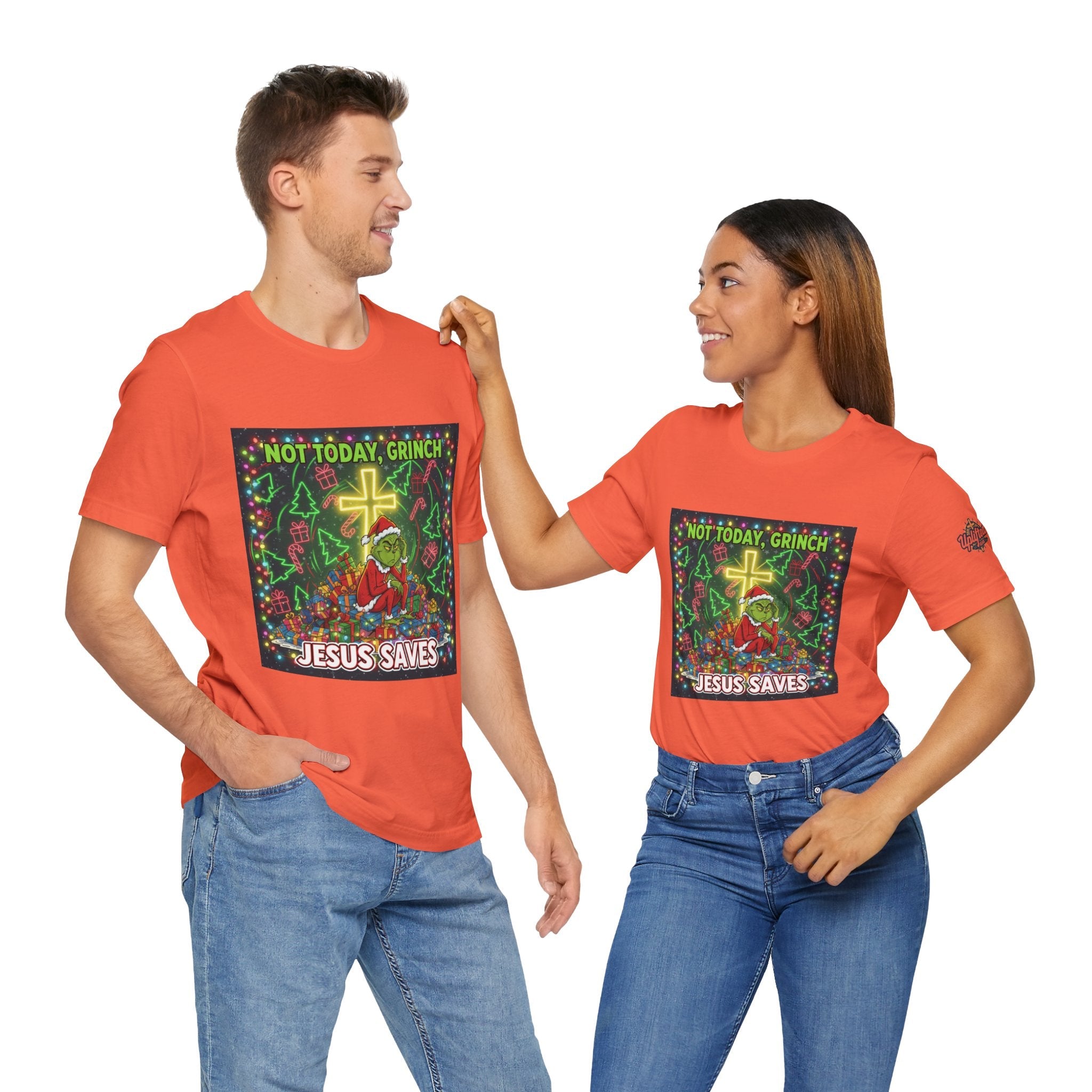🎄 Not Today, Grinch – Jesus Saves | Funny Christian Christmas T-Shirt | Festive Green & Red Cartoon Style | Bold Faith Holiday Tee by Uplifted Gear Printify