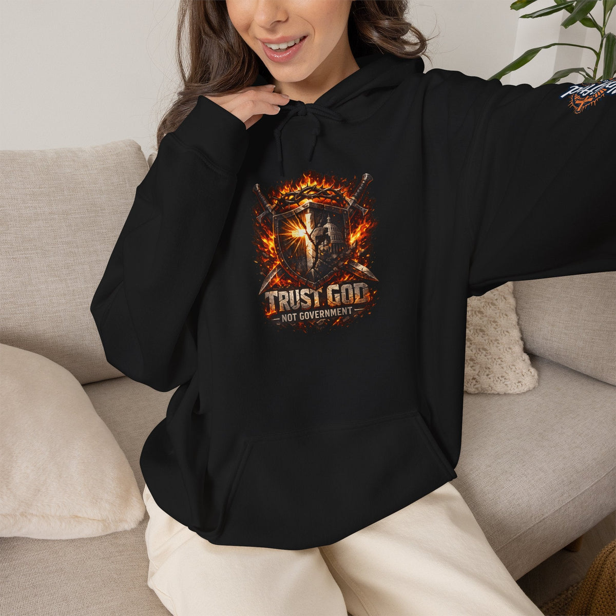 Trust God Not Government Shield Hoodie — Patriotic Christian Faith Hoodie Printify