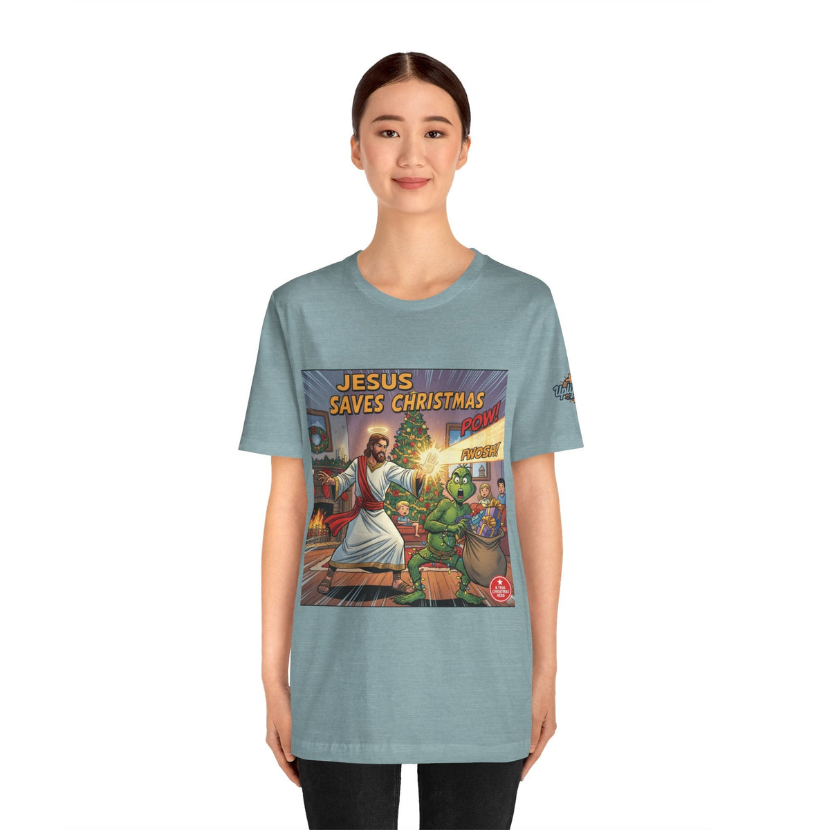 Jesus Saves Christmas T-shirt – Grinch vs Savior Light Battle Christian T-shirt for Hilarious Holiday Faith & True Joy Printify