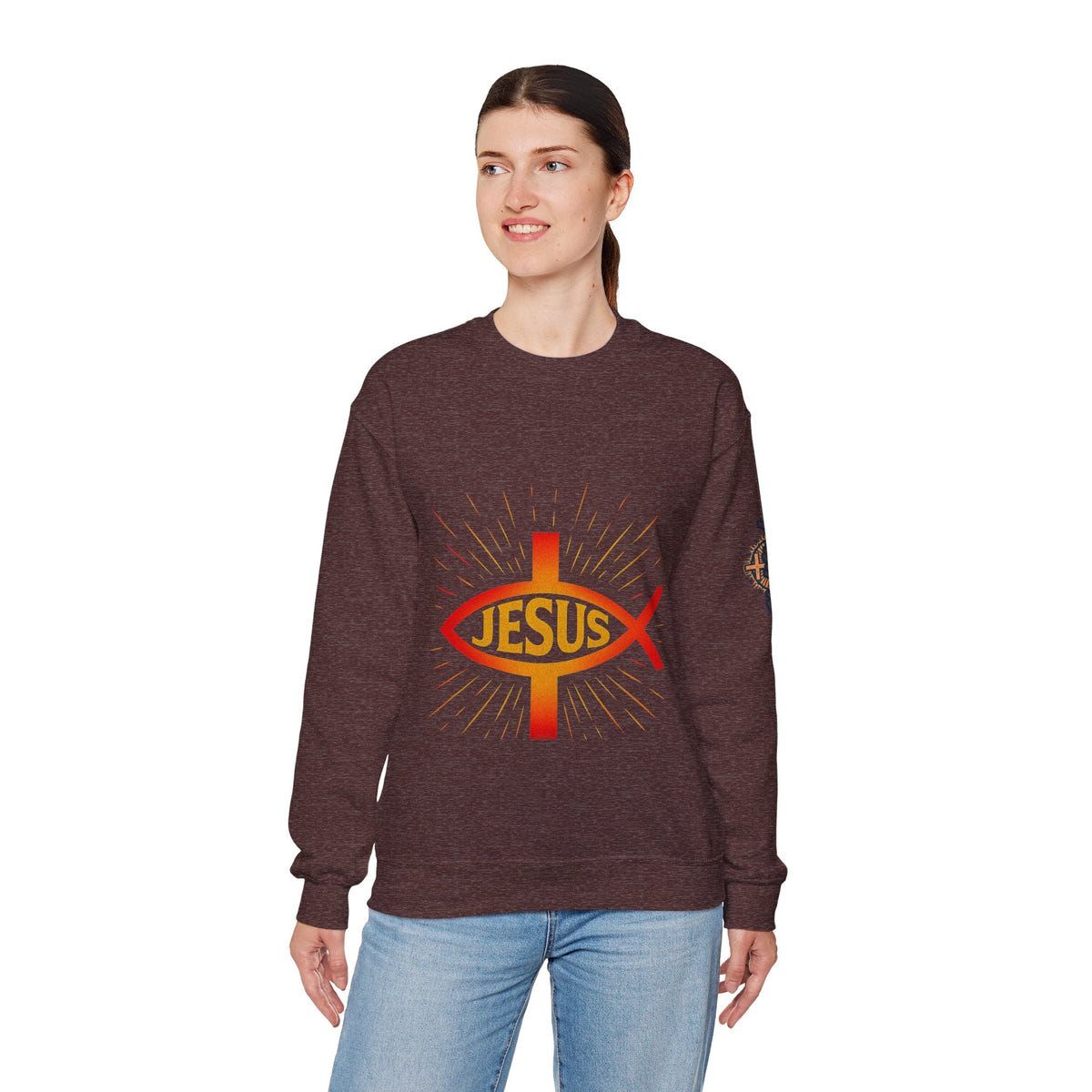Jesus Ichthys Sweatshirt – Christian Fish Symbol with Cross & Jesus Inscription Sweatshirt for Eternal Faith & Streetwear Printify