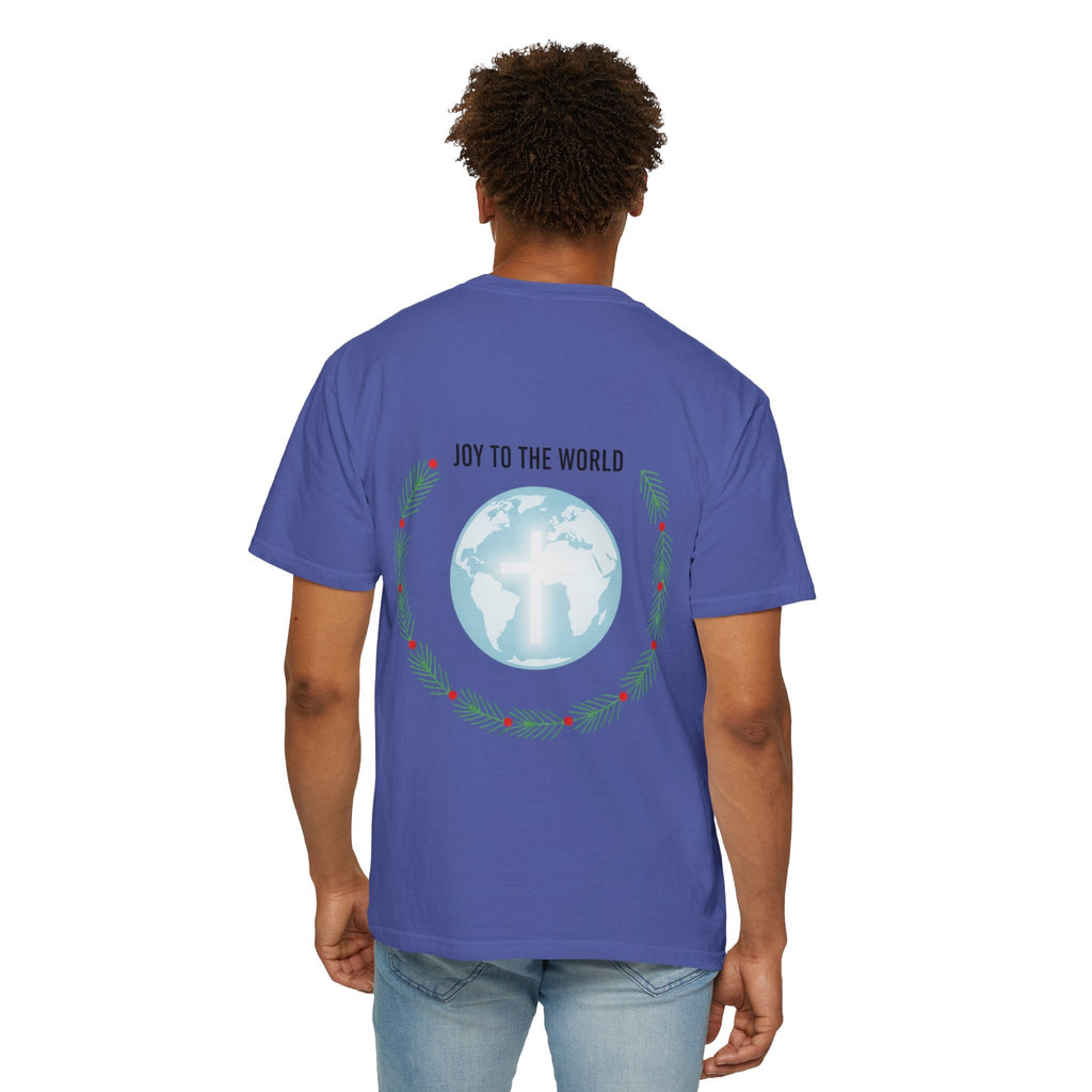 Joy to the World T-shirt – Wreath Earth Nativity Christian Christmas T-shirt for Isaiah 9:6 Holiday Faith & Festive Joy Printify