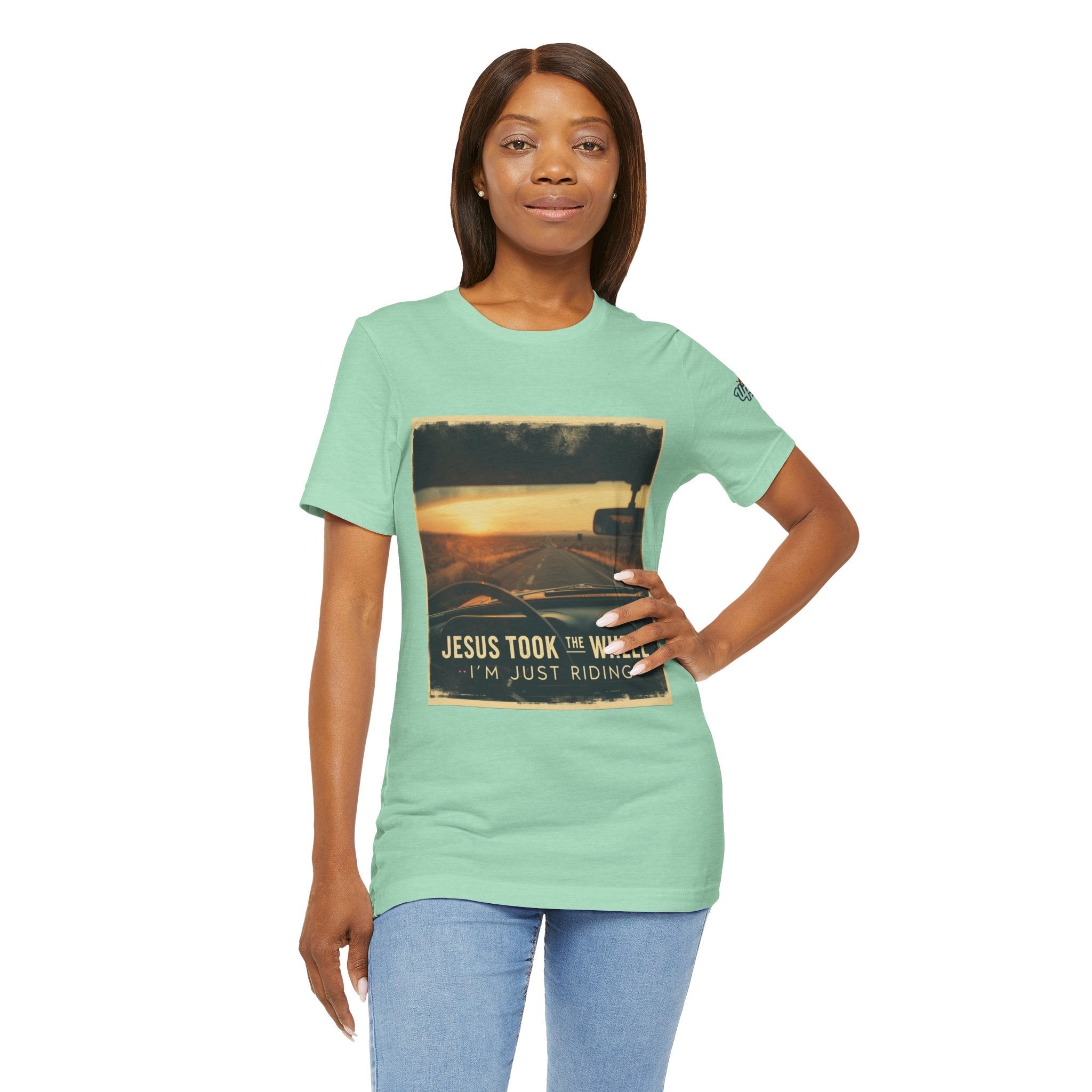 Jesus Took the Wheel I'm Just Riding T-shirt – Funny Christian Convertible Car T-shirt for Surrendered Faith & Humor Printify