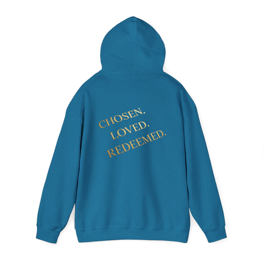 ✨ Chosen. Loved. Redeemed. – Elegant Christian Hoodie | Gold Foil Faith Tee | Subtle Cross & Heart Design | Inspirational Bible Verse Apparel by Uplifted Gear Printify