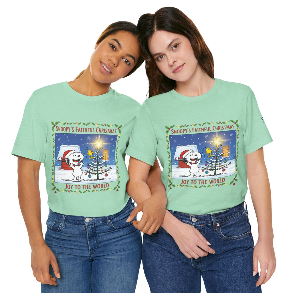 🎄 Faithful Christmas Friends – Christian Holiday T-Shirt | Festive Tree & Cartoon Duo | Heartwarming Christmas Tee by Uplifted Gear Printify