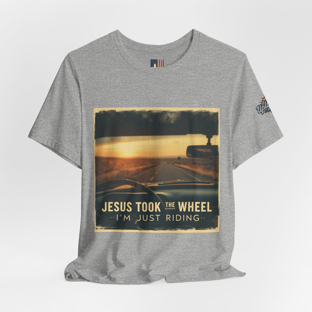 Jesus Took the Wheel I'm Just Riding T-shirt – Funny Christian Convertible Car T-shirt for Surrendered Faith & Humor Printify