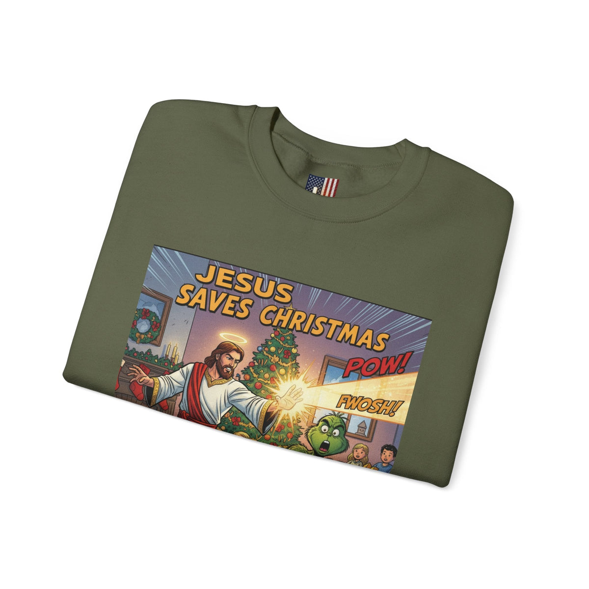 Jesus Saves Christmas Sweatshirt – Grinch vs Savior Light Battle Christian Sweatshirt for Hilarious Holiday Faith & True Joy Printify